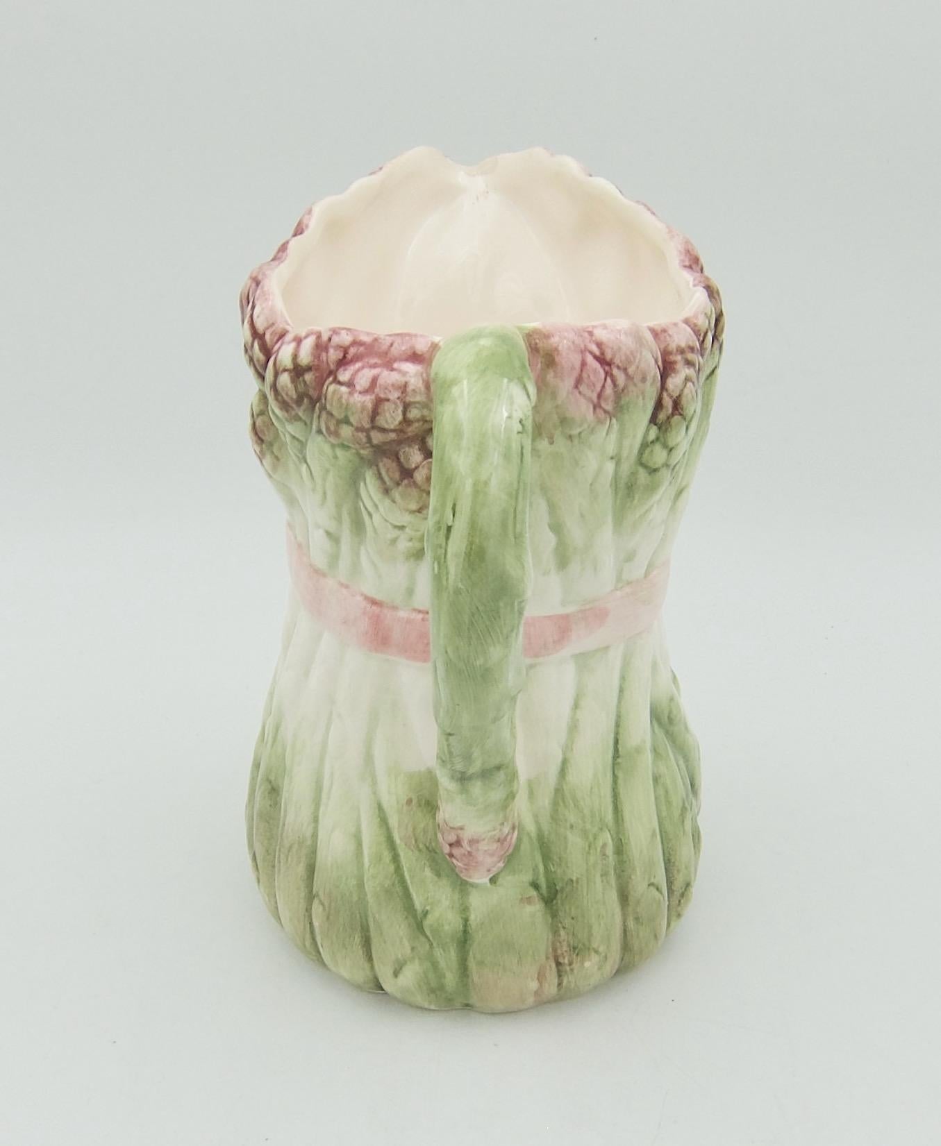 Glazed Vintage Asparagus Pitcher with Majolica Style Green and Pink Glaze