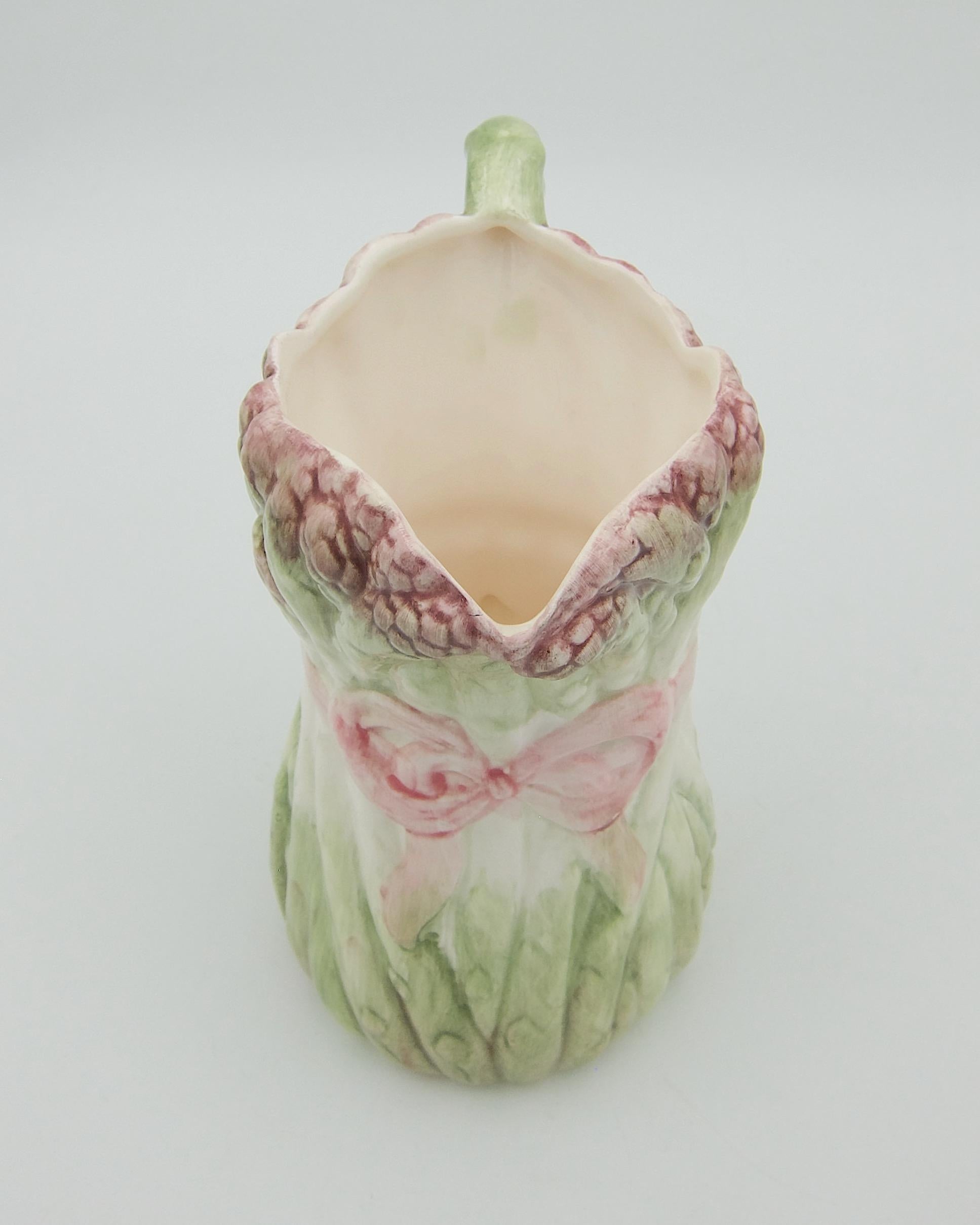 Vintage Asparagus Pitcher with Majolica Style Green and Pink Glaze In Good Condition In Los Angeles, CA