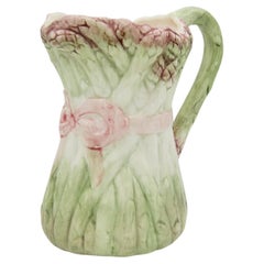 Vintage Asparagus Pitcher with Majolica Style Green and Pink Glaze
