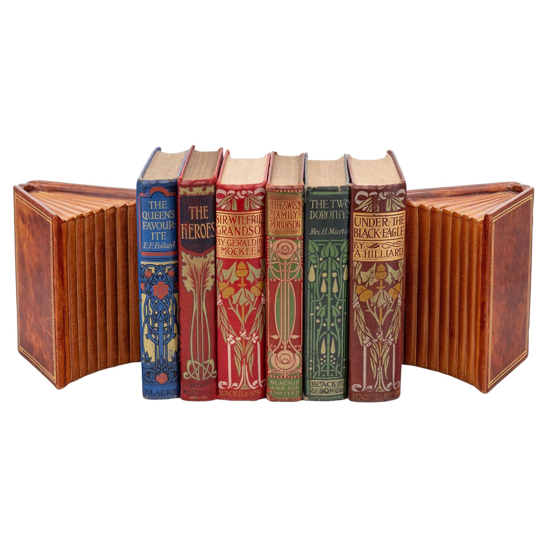 Vintage Asprey & Co Leather And Gilt Bookends Modelled As Open Books