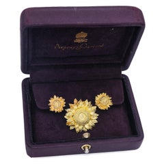 Vintage Asprey & Garrard 18k Yellow Gold Sunflower Earrings & Brooch Set