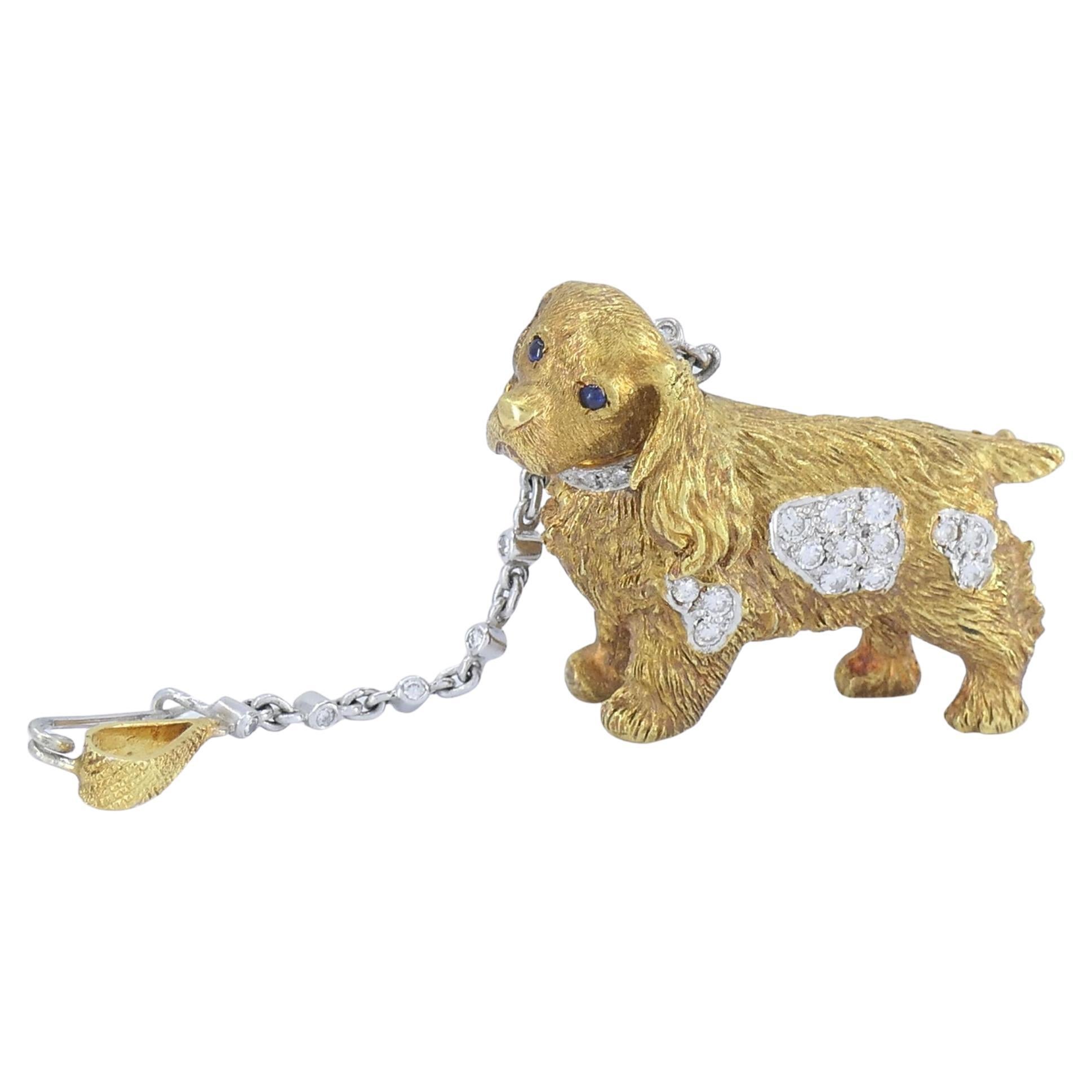 Vintage Asprey London 18k Diamante Zaffiro Cane Cocker Spaniel Spilla