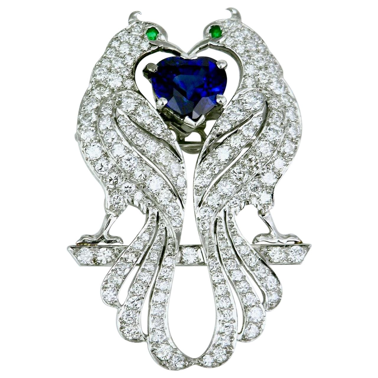 Vintage Asprey Platinum Diamond Sapphire Emerald Peacock Brooch Pin For Sale