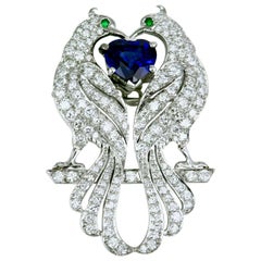 Retro Asprey Platinum Diamond Sapphire Emerald Peacock Brooch Pin