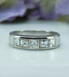 Vintage Asscher Carre Diamond Platinum Anniversary 5 stone Ring Band Estate VS-G