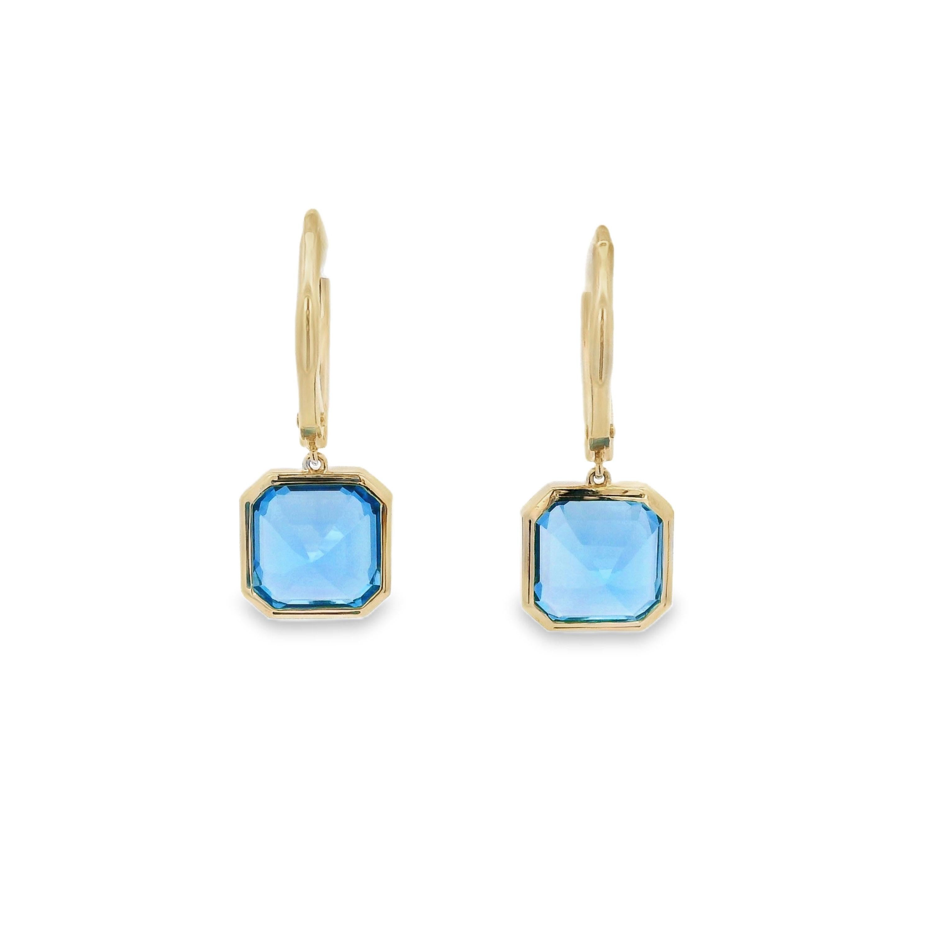 Vintage Asscher-cut 7.15Ct Blue Topaz Diamond Earrings in 14 Karat Gold In New Condition In Hong Kong, HK