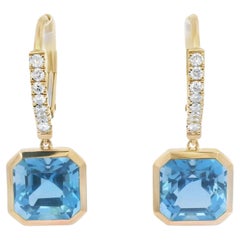 Vintage Asscher-cut 7.15Ct Blue Topaz Diamond Earrings in 14 Karat Gold