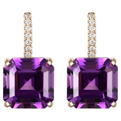 Vintage Asscher-cut 8.8Ct Amethyst Diamond Earrings in 14 Karat Gold