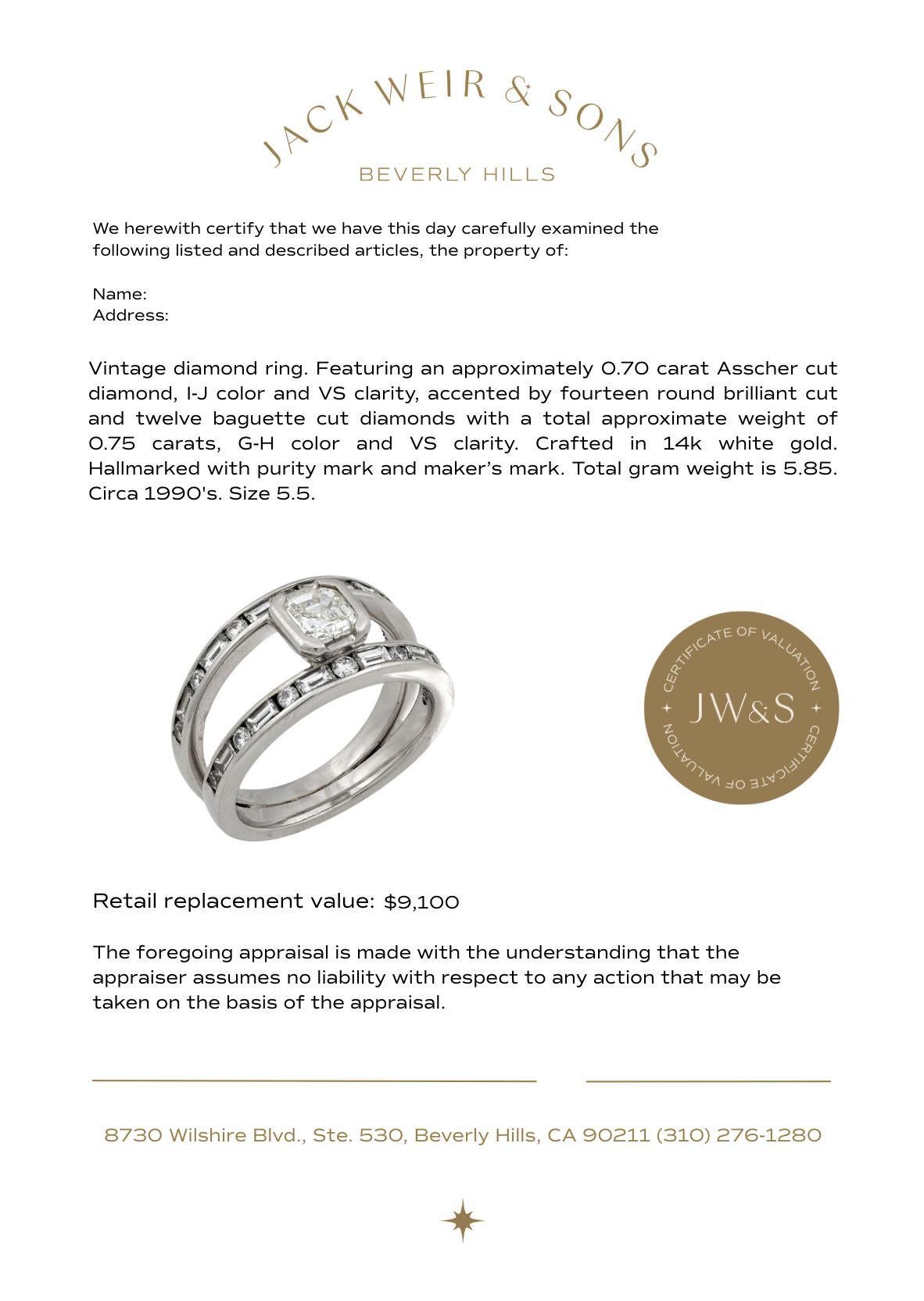 Donna Anello a doppia fascia in oro bianco 14 carati con diamante taglio Asscher vintage in vendita
