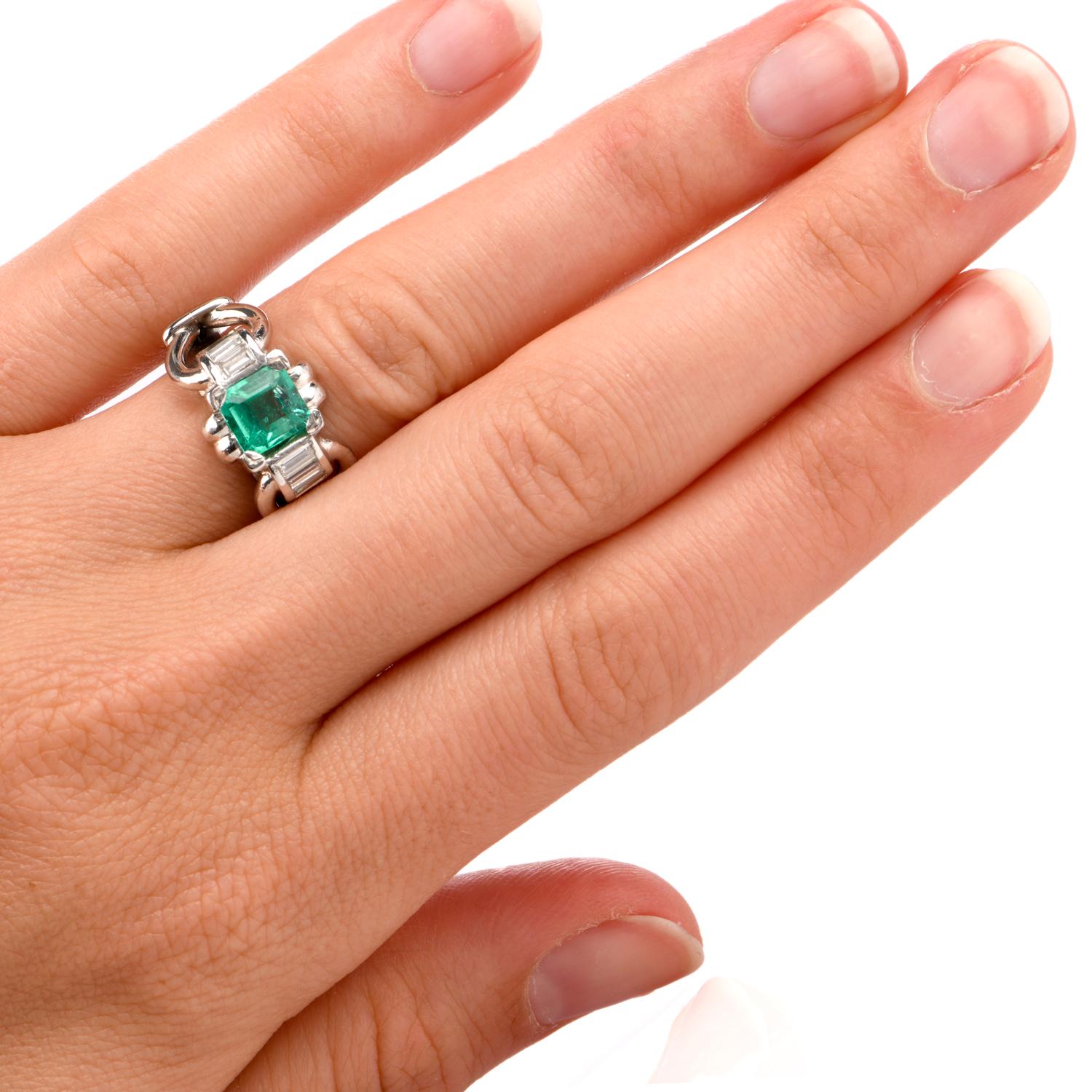 Asscher Cut Vintage Asscher Emerald Diamond Platinum Ring