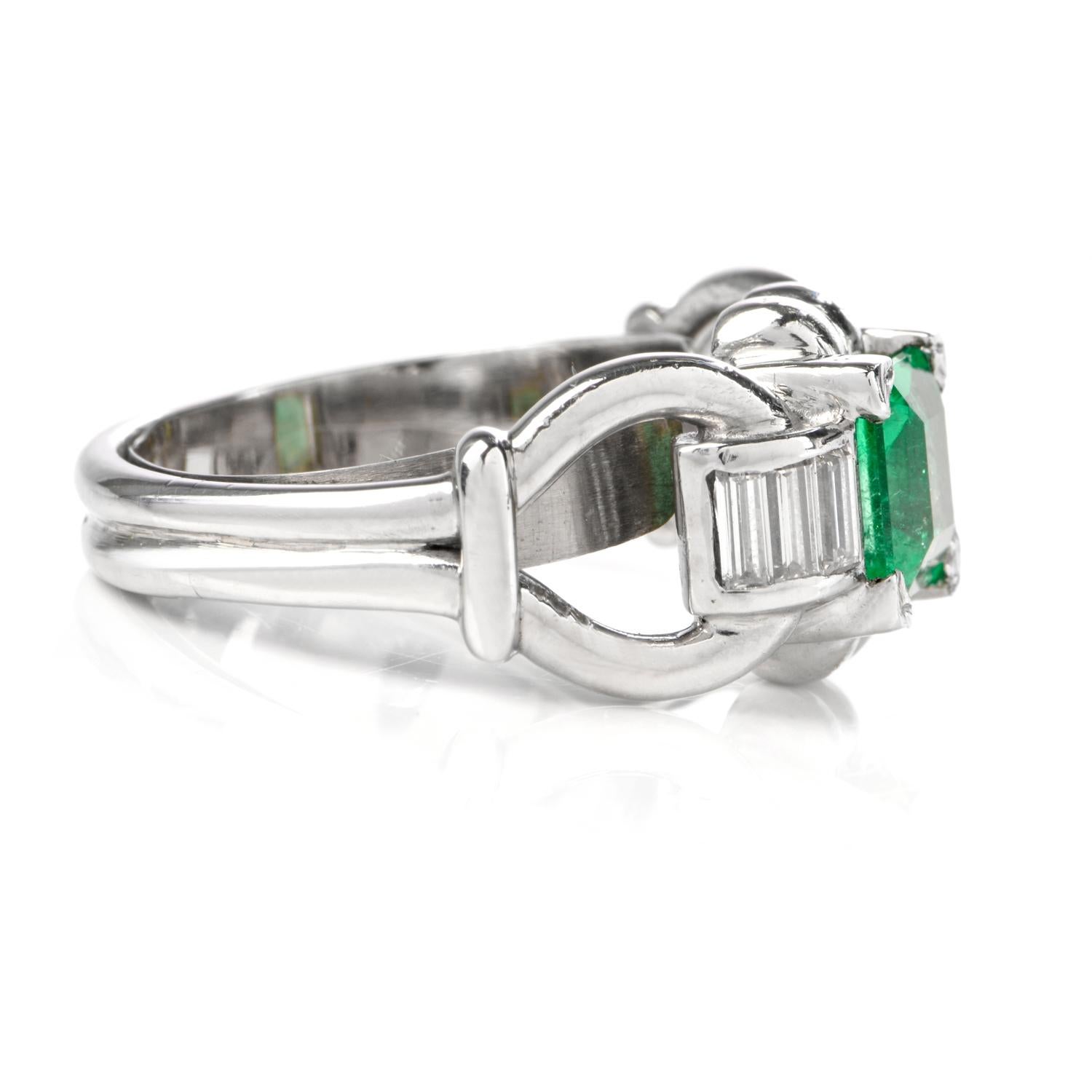 Vintage Asscher Emerald Diamond Platinum Ring In Good Condition In Miami, FL