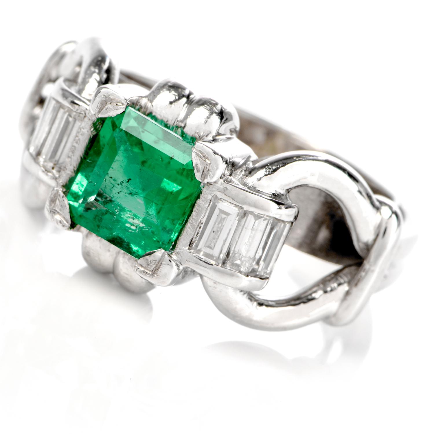 Women's or Men's Vintage Asscher Emerald Diamond Platinum Ring