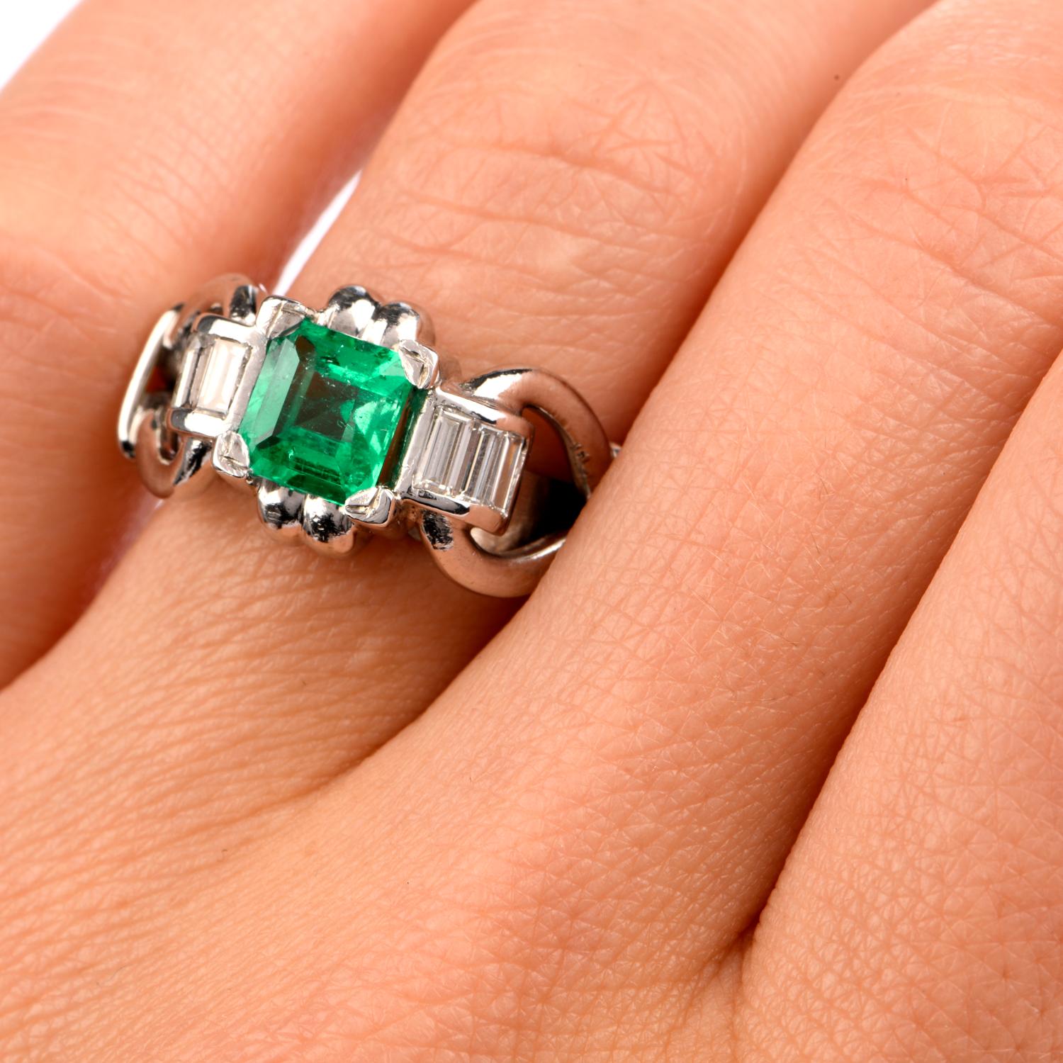 Vintage Asscher Emerald Diamond Platinum Ring 2