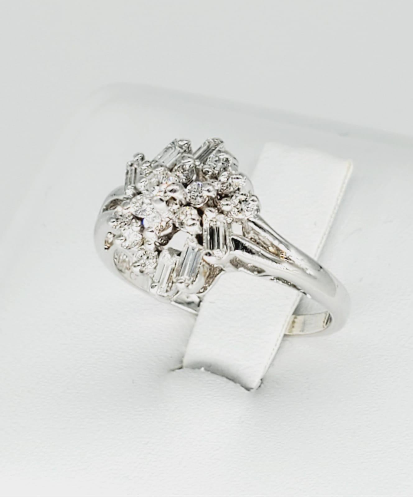 Baguette Cut Vintage Assorted Shapes White Diamonds Cluster 14 Karat Gold Ring For Sale