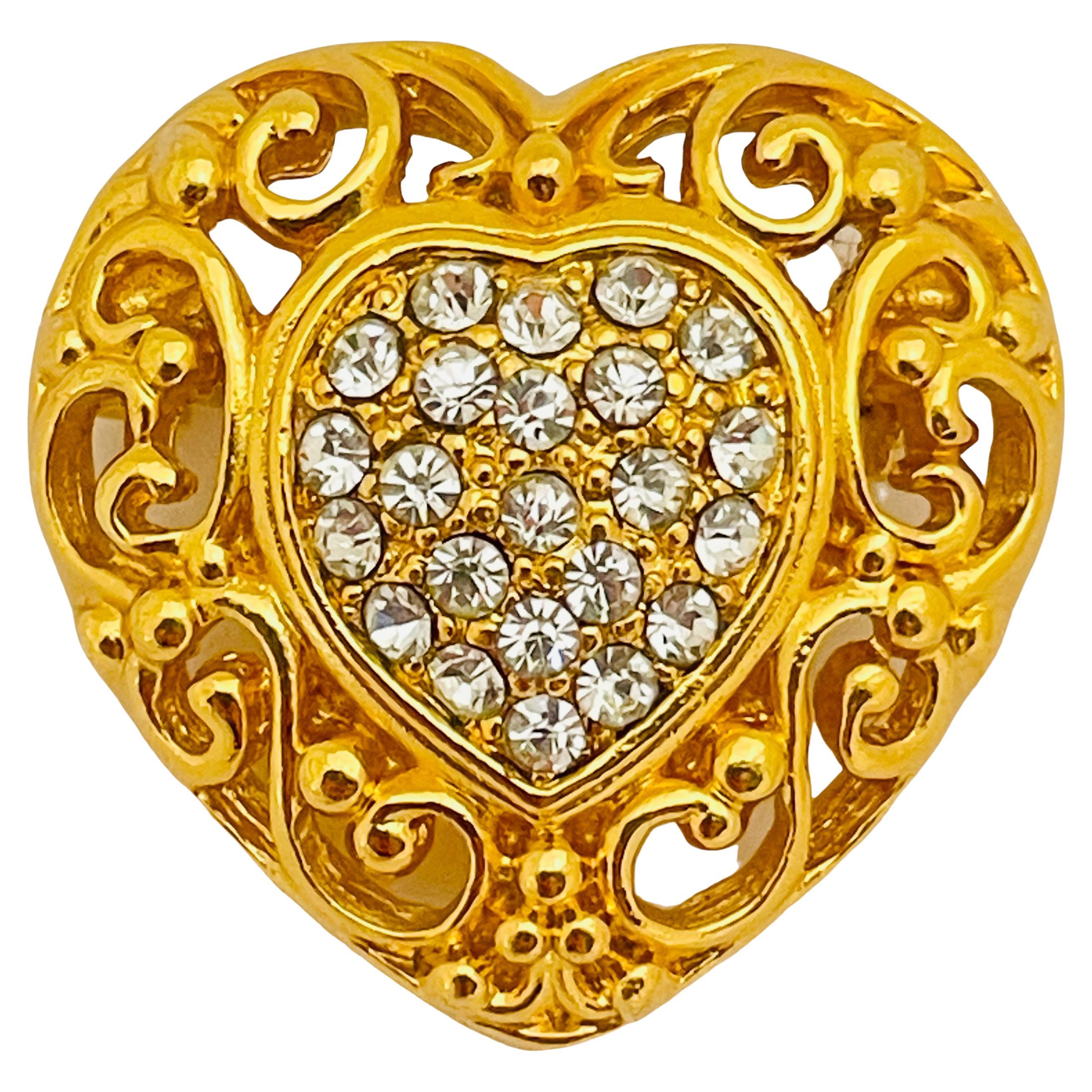 Vintage ASSORTI gold crystal heart designer brooch  For Sale