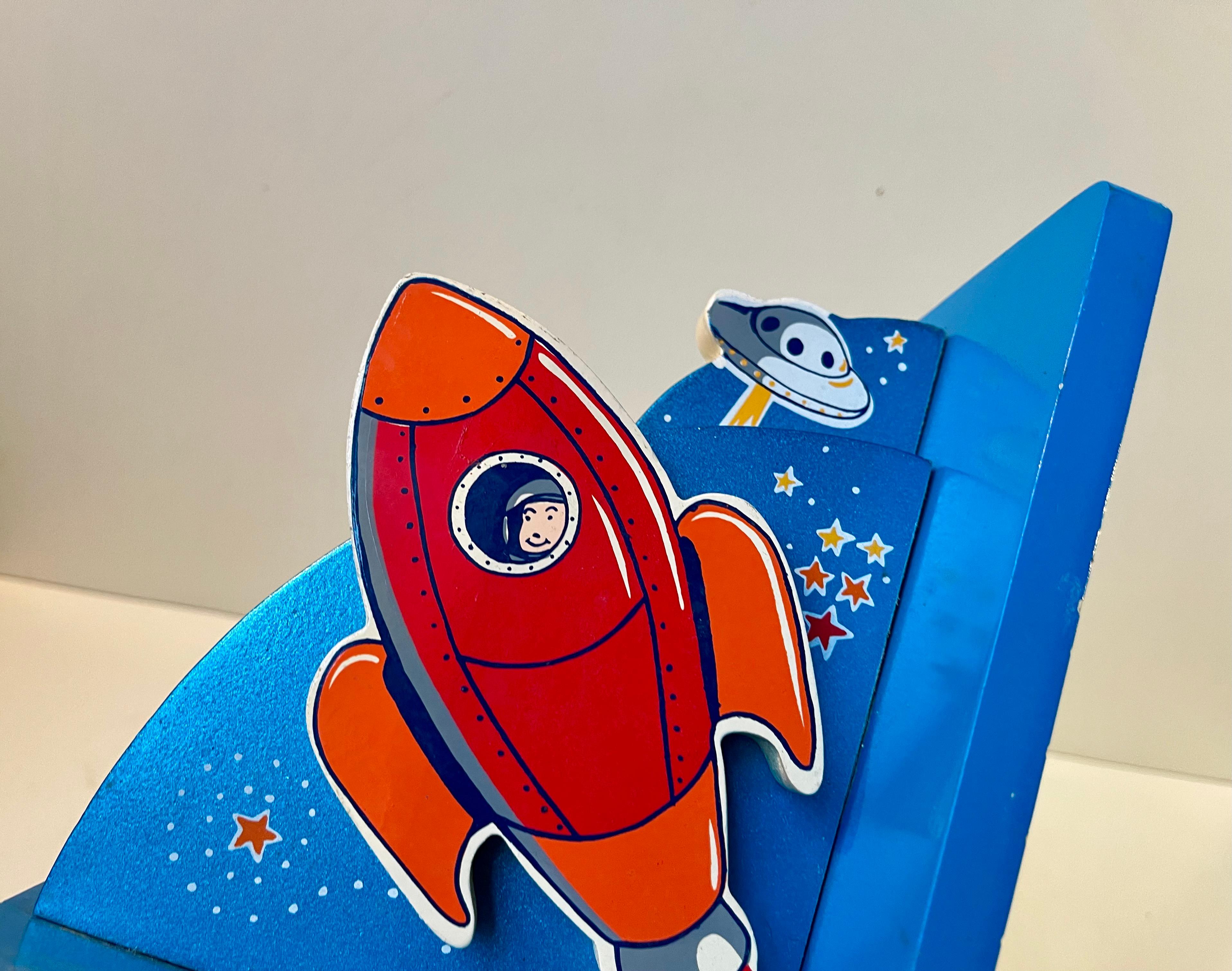 Space Age Vintage Astronaut & Rocket Bookends in Lacquered Wood, 1980s For Sale