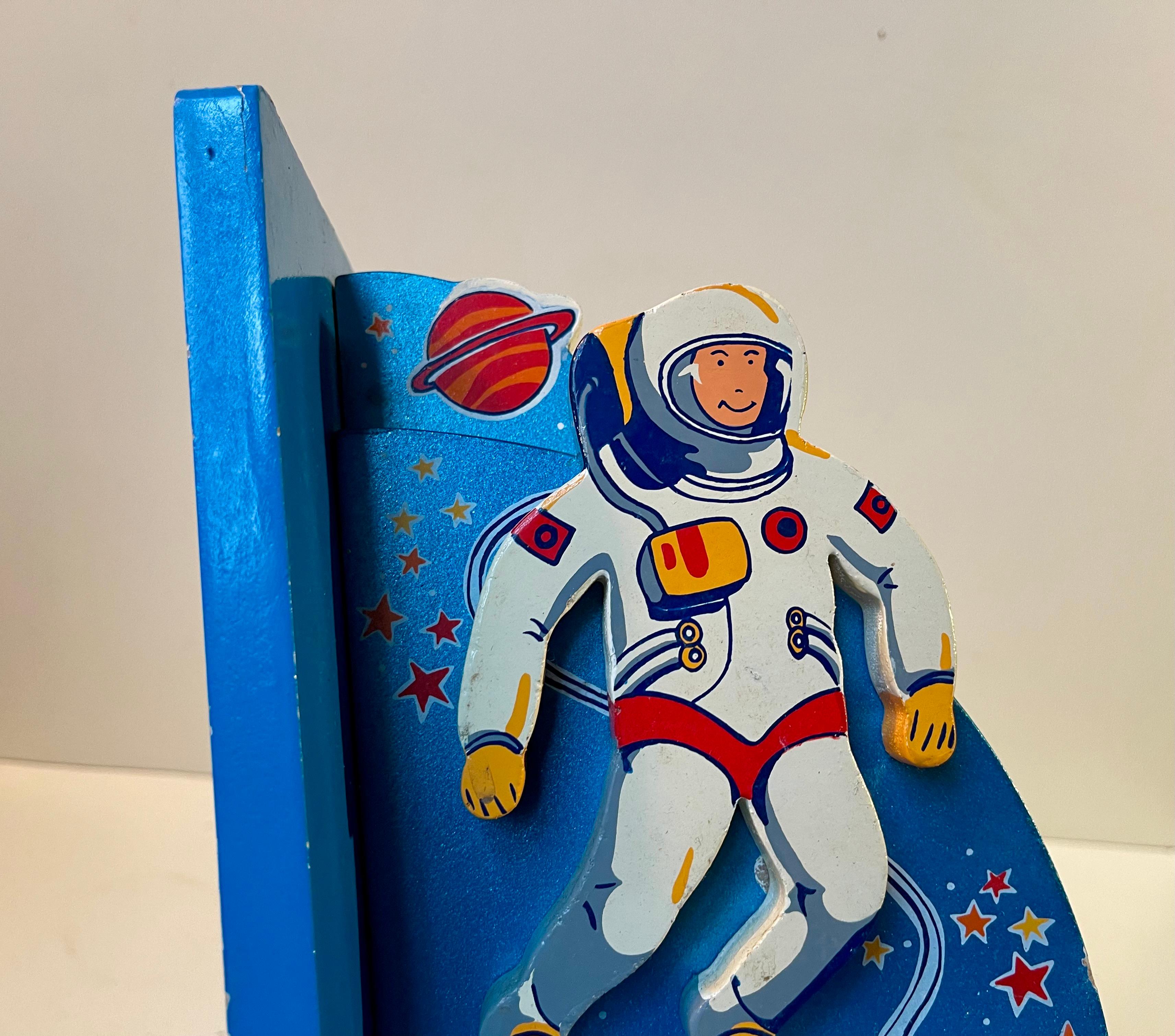 Scandinavian Vintage Astronaut & Rocket Bookends in Lacquered Wood, 1980s For Sale