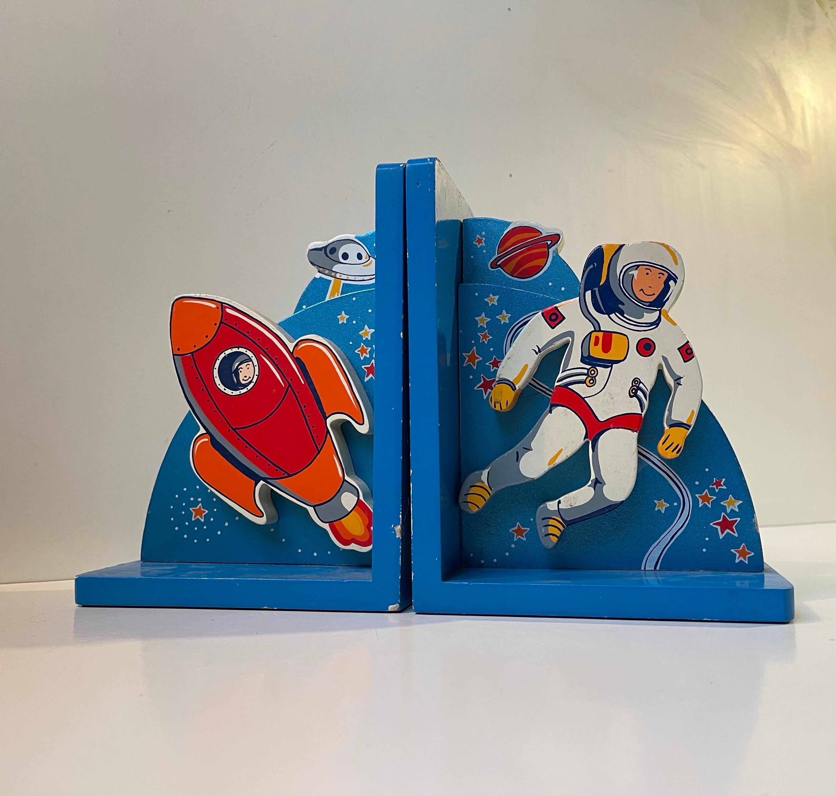 Pine Vintage Astronaut & Rocket Bookends in Lacquered Wood, 1980s For Sale