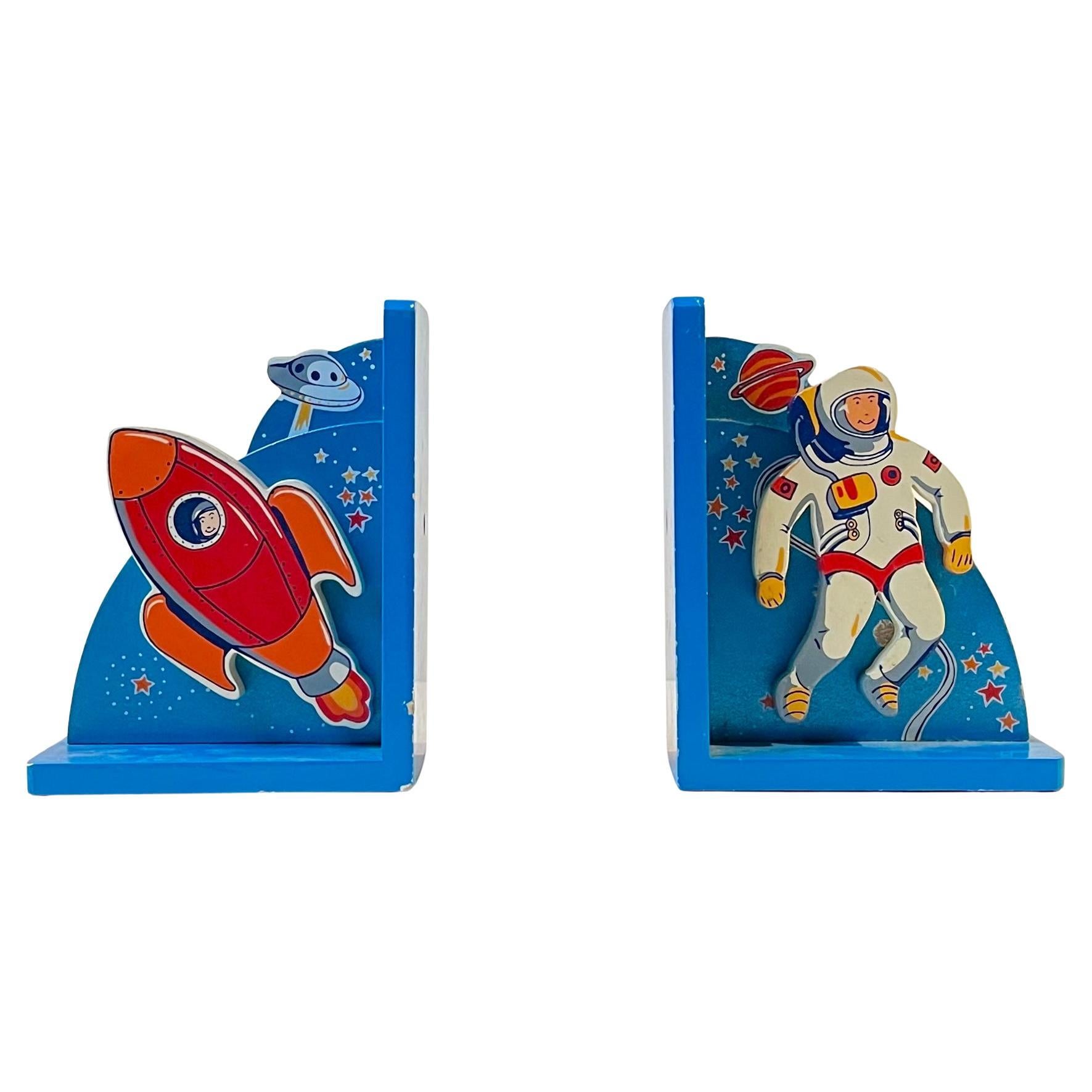 Vintage Astronaut & Rocket Bookends in Lacquered Wood, 1980s For Sale