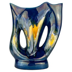 Vintage asymmetric blue ceramic vase Vallauris, France, 1970s