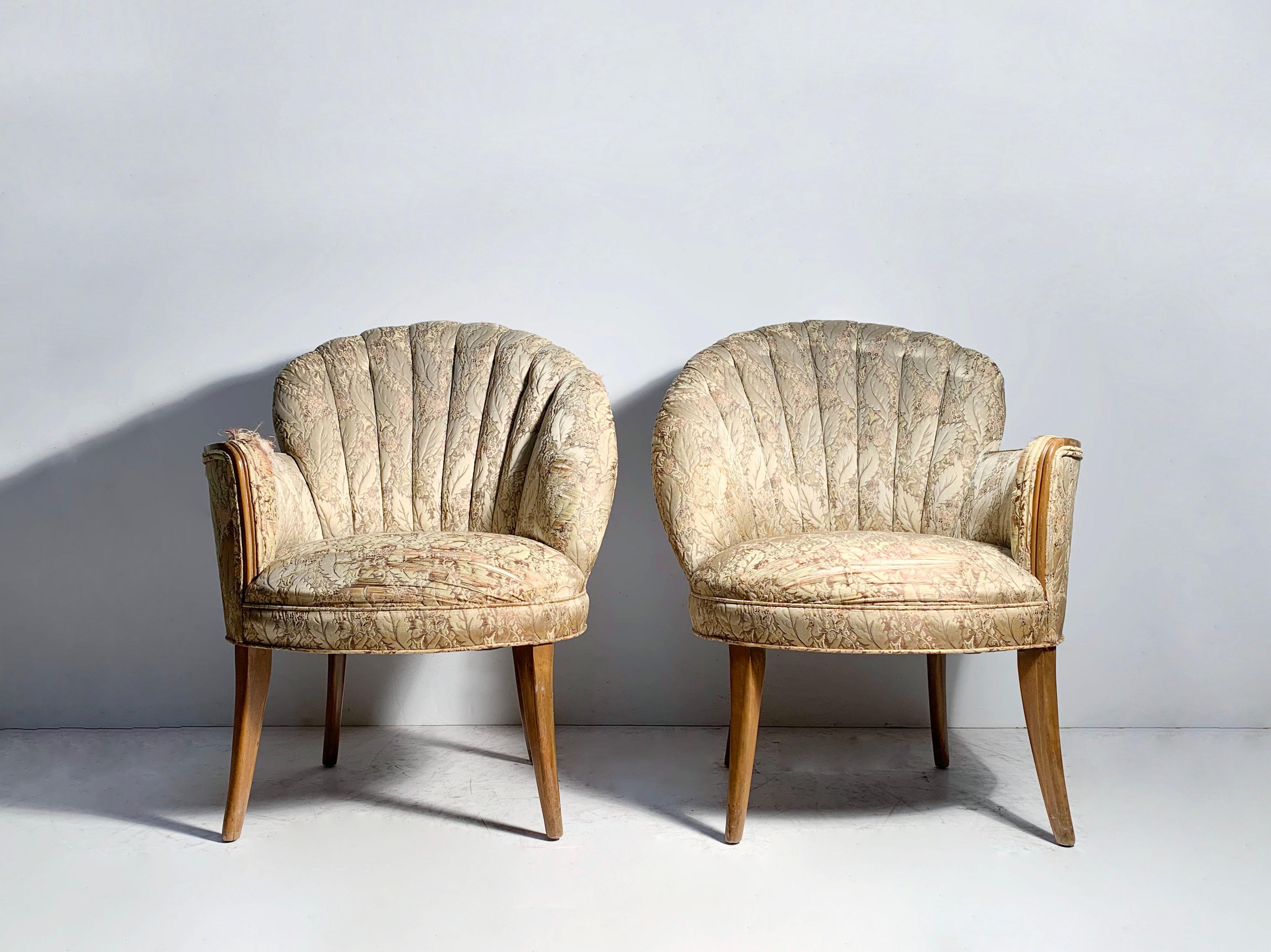 Glamour Pair of Vintage Asymmetrical Fan back chairs.

Style of Dorothy Draper / Gilbert Rohde

Ready for reupholstery.
