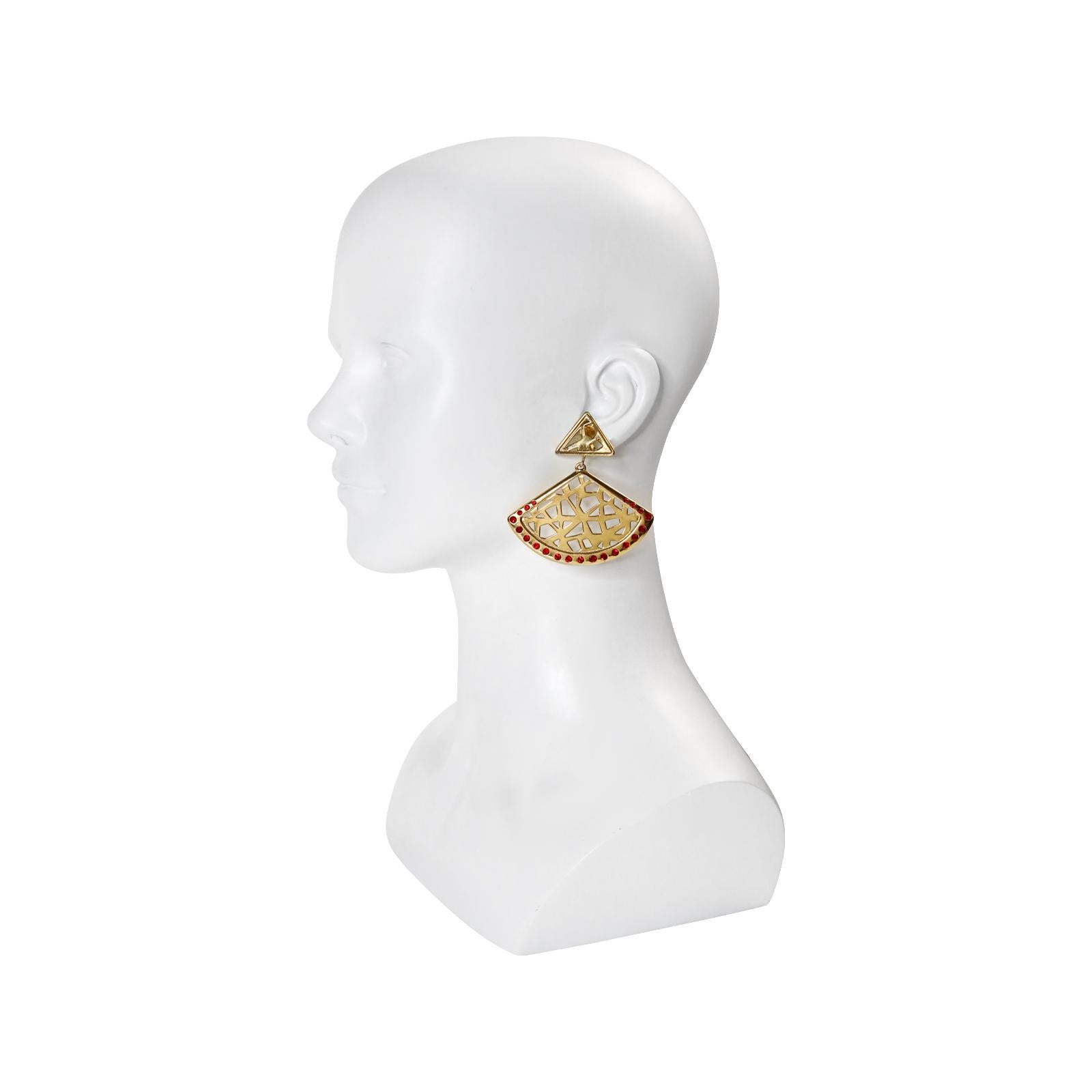 Modern Vintage Atalante Gold Tone with Red Crystal Fan Earings, Circa 1980s For Sale