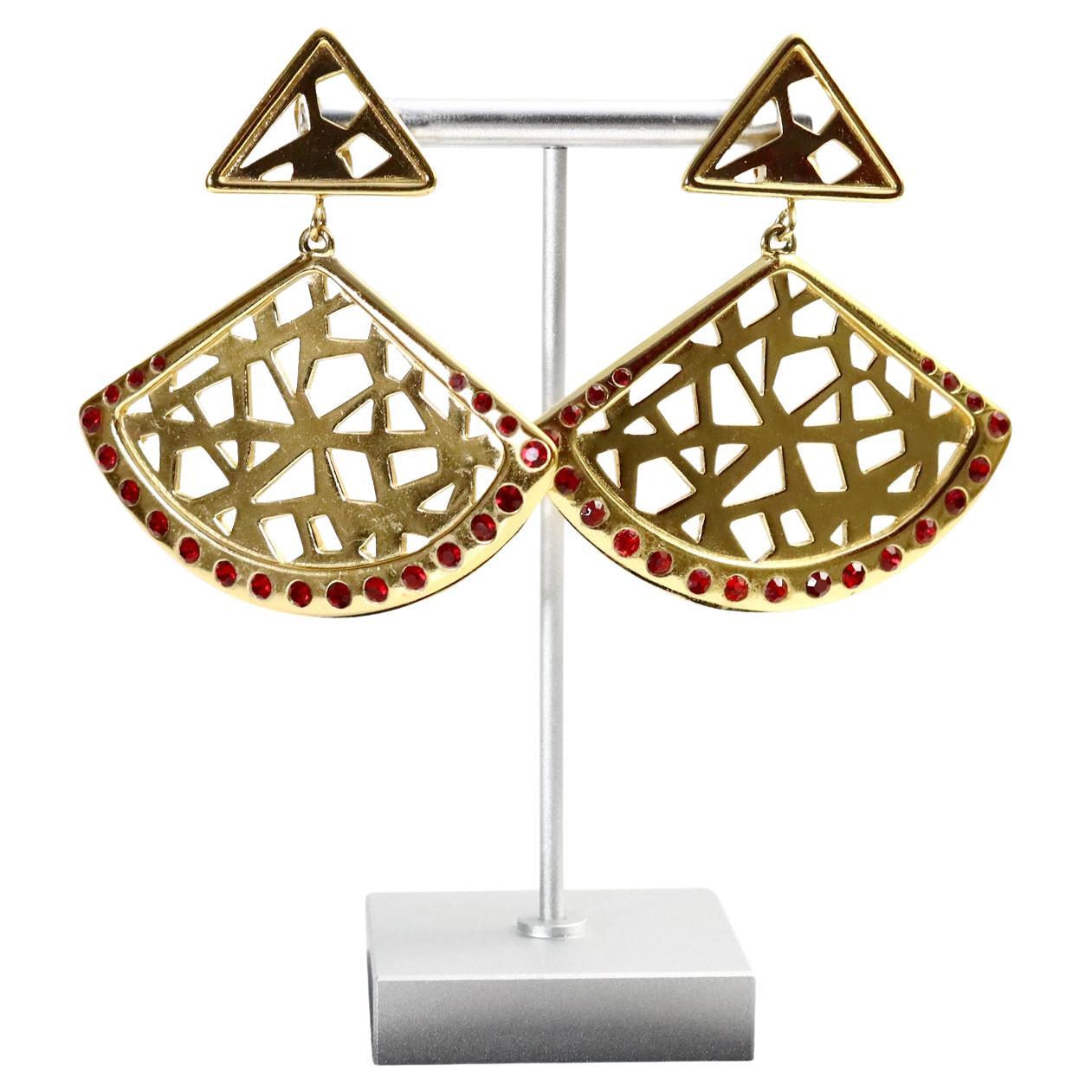 Vintage Atalante Gold Tone with Red Crystal Fan Earings, Circa 1980s For Sale 1