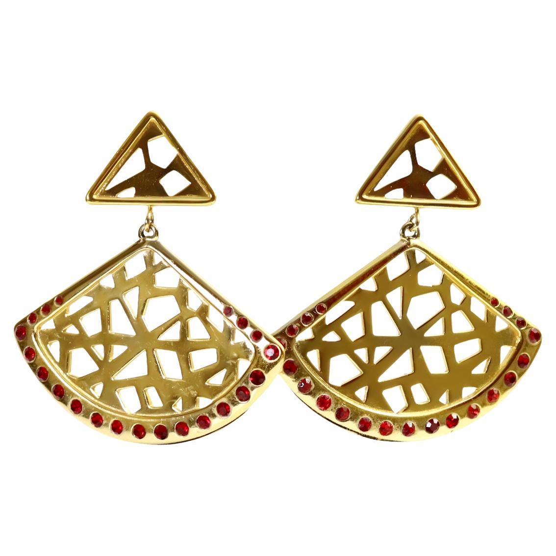 Vintage Atalante Gold Tone with Red Crystal Fan Earings, Circa 1980s For Sale
