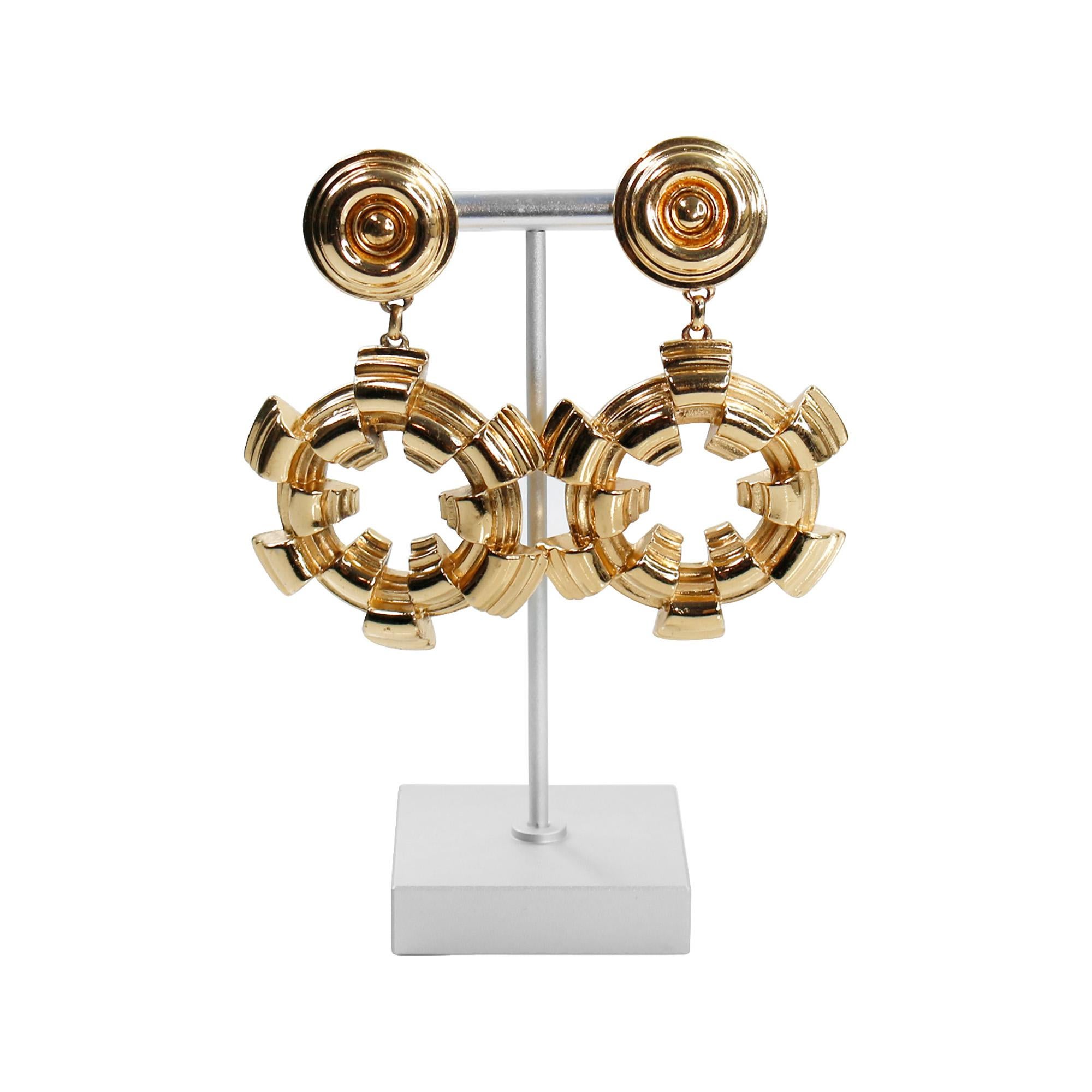 Women's Vintage Atalante Heavy Gold Tone  Dangling Hoops Circa 1980s For Sale