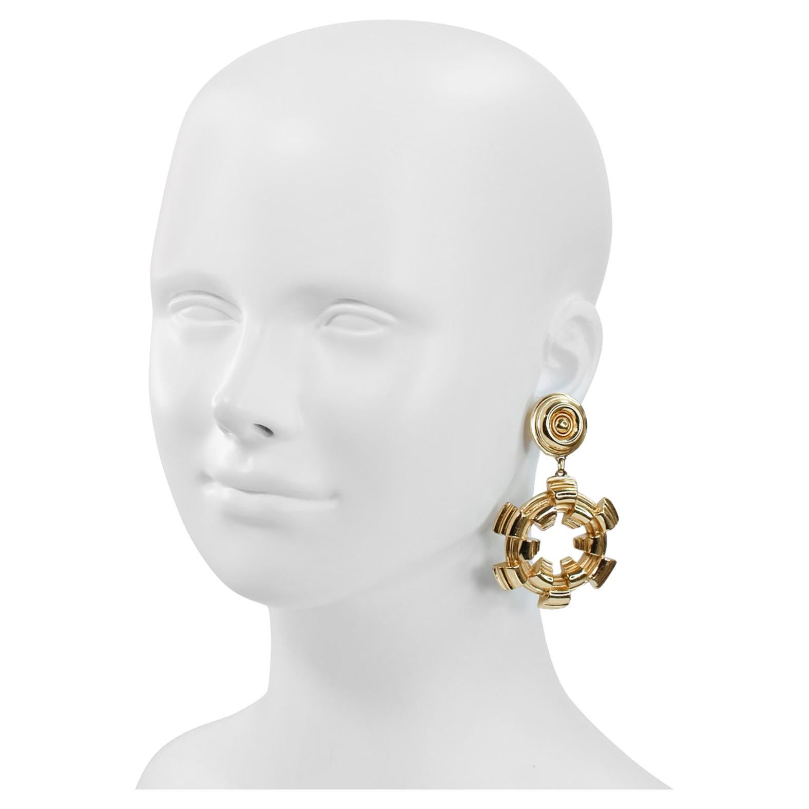 Modern Vintage Atalante Heavy Gold Tone  Dangling Hoops Circa 1980s For Sale