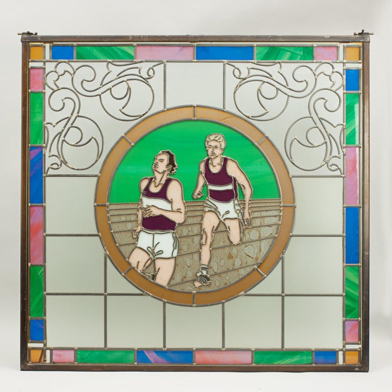 Vintage Athletics Stained Glass Window 1993 of Two Runners, from