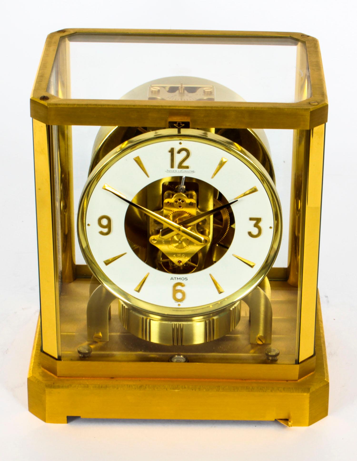 This is a very elegant Vintage Atmos perpetual mantle clock by Jaeger-LeCoultre, with a jewelled movement bearing their ref No. 218719 and dating from Circa 1970.

The clock is displayed in a polished gilt rectangular brass case with a removable