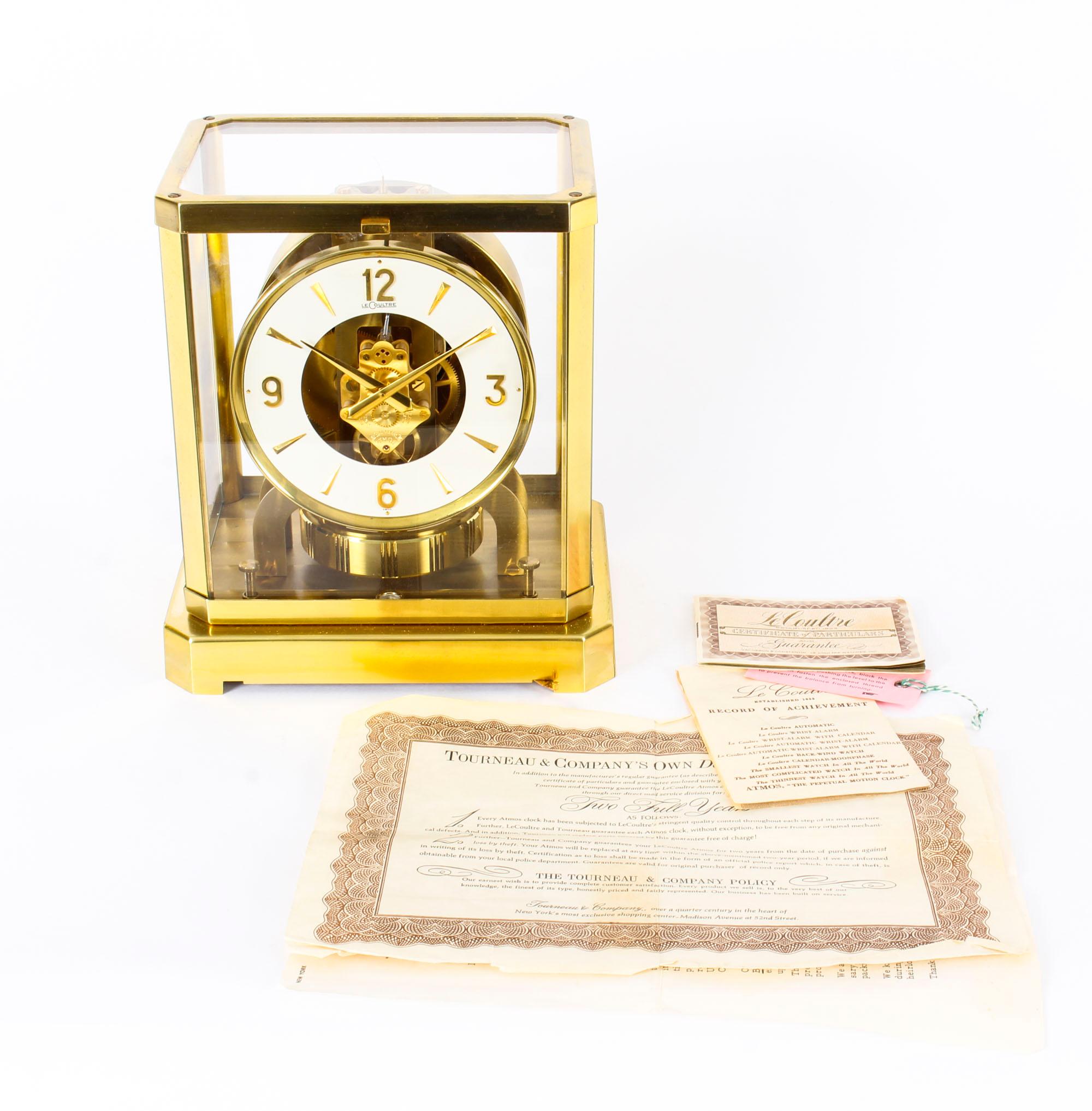 This is a very elegant vintage Atmos perpetual mantle clock by Jaeger-LeCoultre, bearing their ref No. 223785, with original operating booklet packaging , and guarantee, dating from circa 1970.

The clock is displayed in a polished gilt rectangular