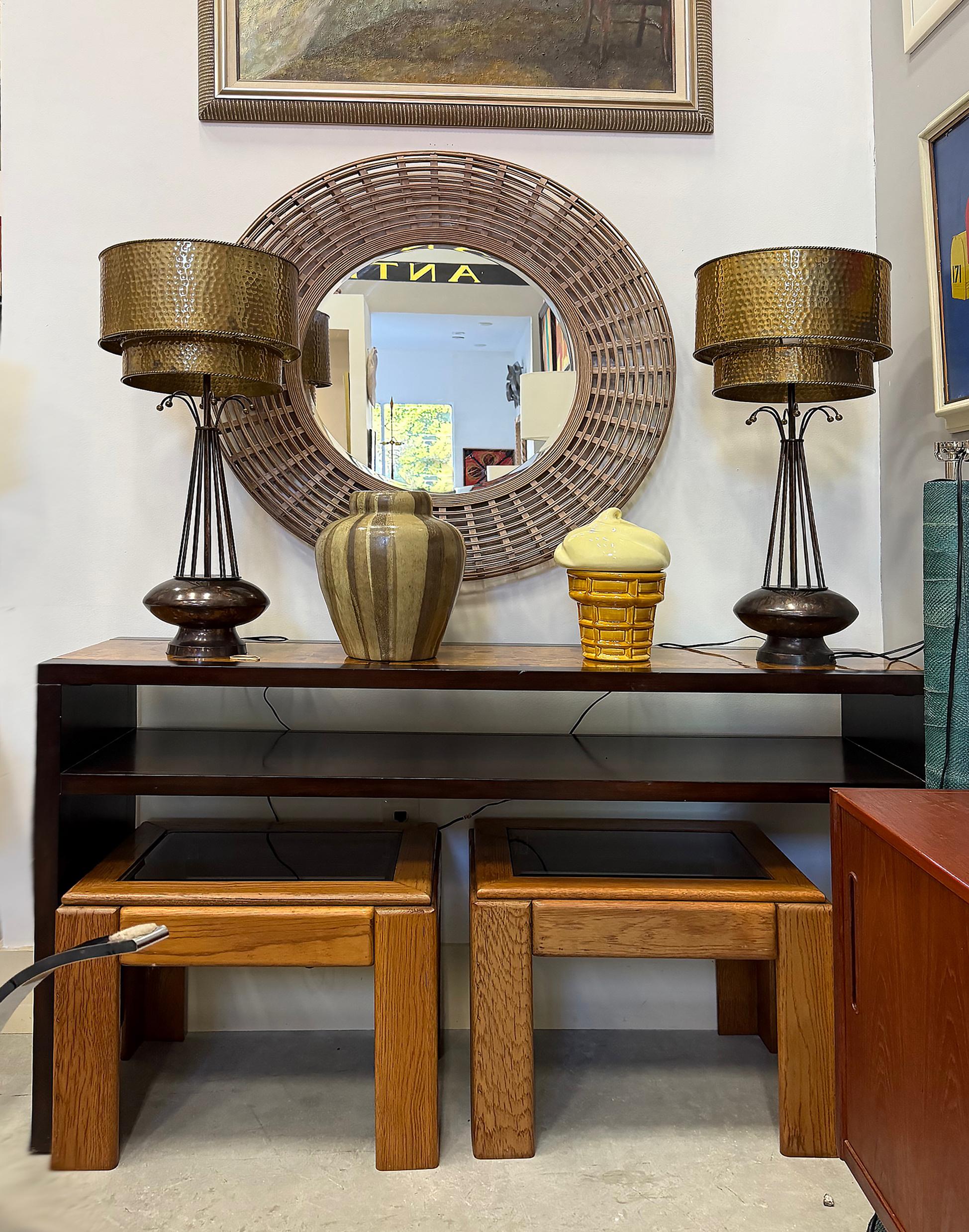 Vintage Atomic Age Inspired Table Lamps, Hammered Shade in Brass, Pair

Offered for sale is a great pair of vintage Atomic Age inspired table lamps with hammered brass shades. The lamps have tapering wrought iron cage forms that rise from darkened