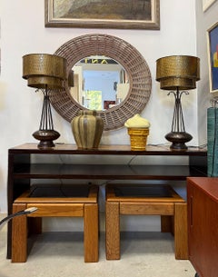 Vintage Atomic Age Inspired Table Lamps, Hammered Shade in Brass, Pair