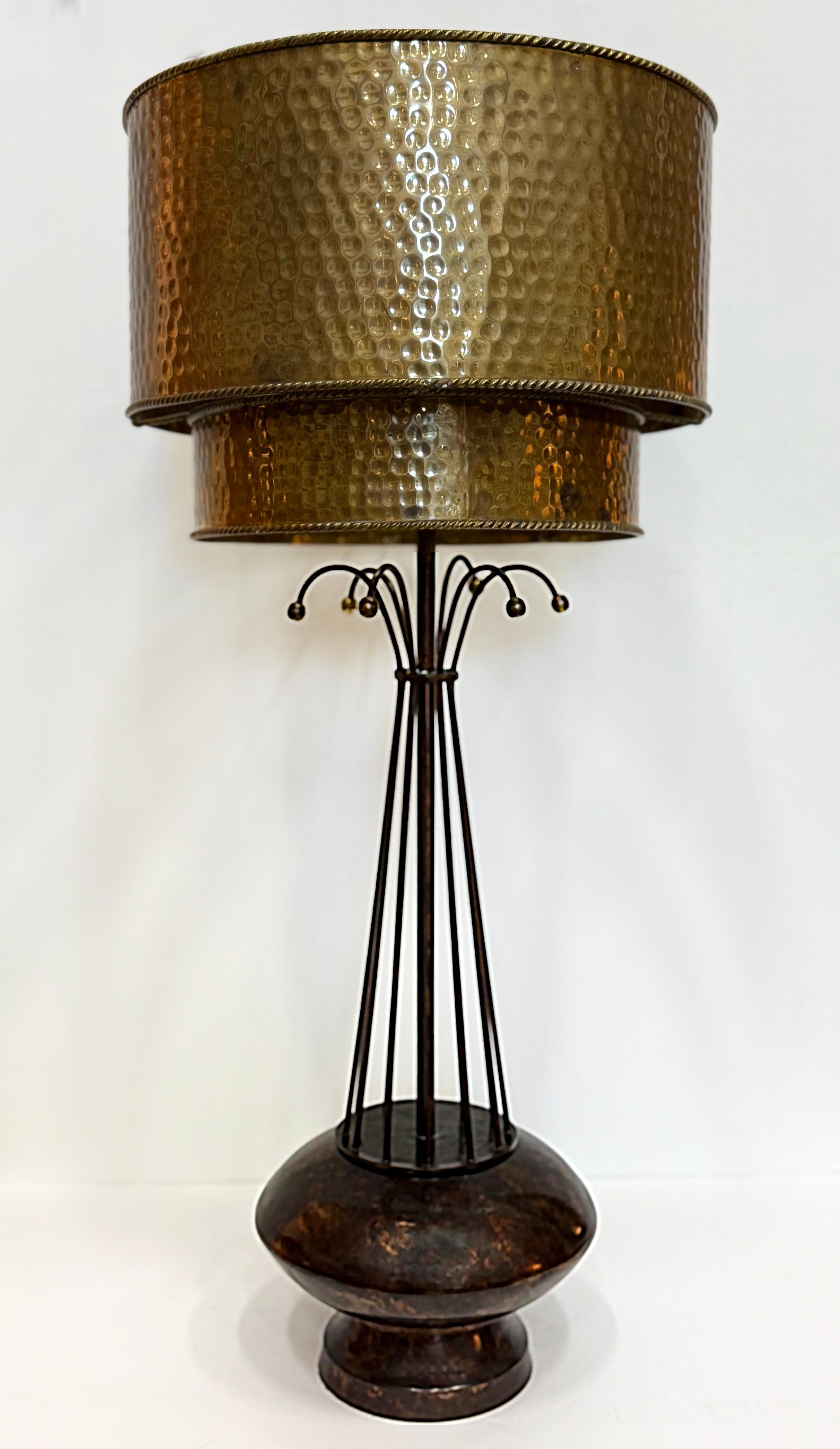 Hollywood Regency Vintage Atomic Age Inspired Table Lamps, Hammered Shade in Brass, Pair For Sale