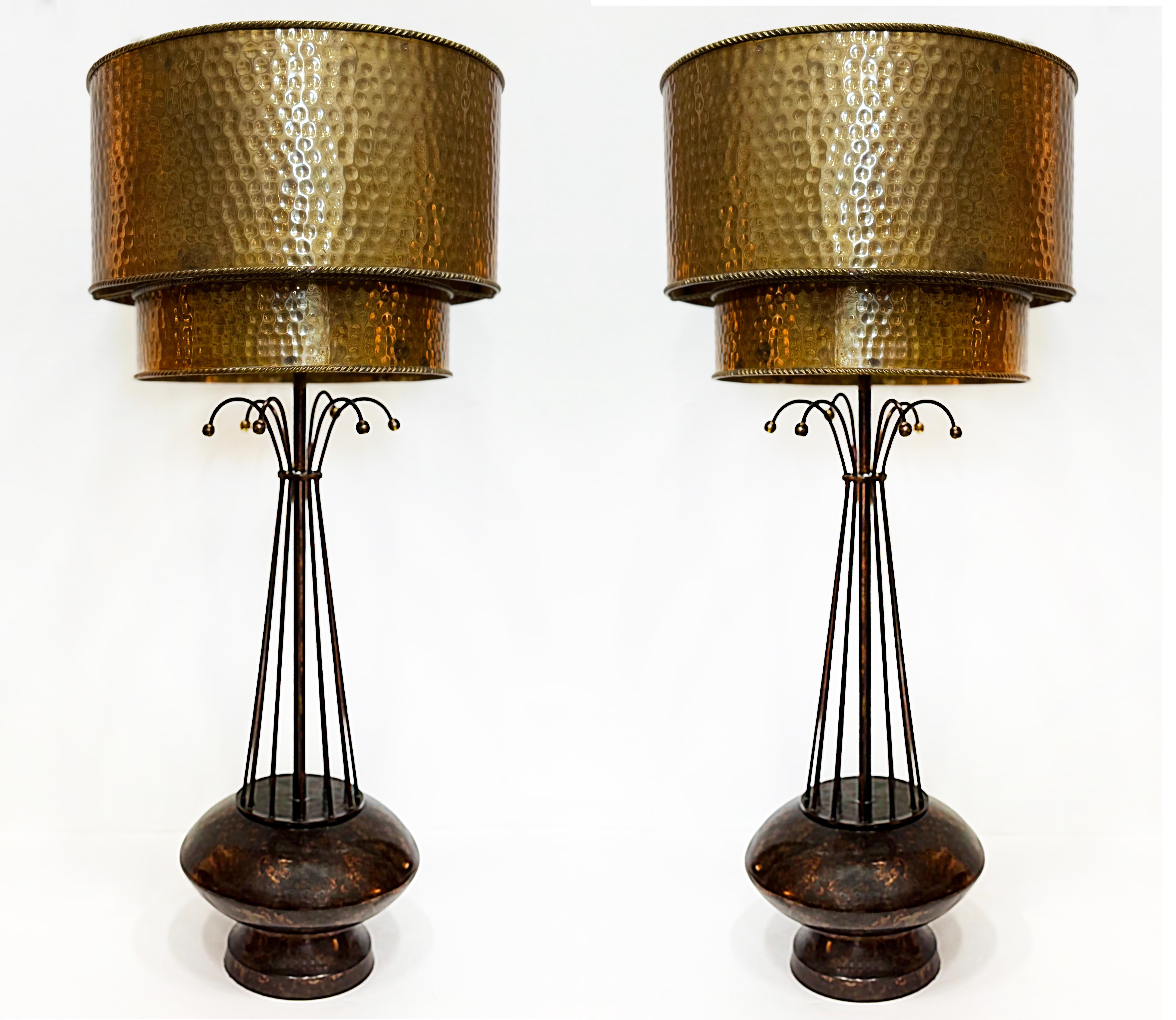 Vintage Atomic Age Inspired Table Lamps, Hammered Shade in Brass, Pair For Sale