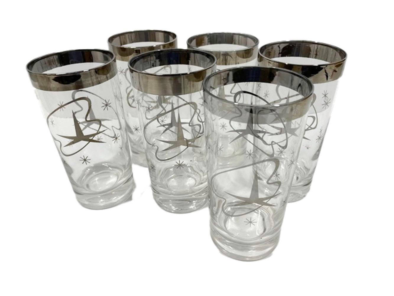 Mid-Century Modern Vintage Atomic Highball Glasses with Silver Star and Streamer Design For Sale
