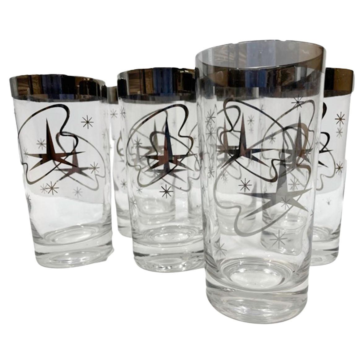 Vintage Atomic Highball Glasses with Silver Star and Streamer Design For Sale