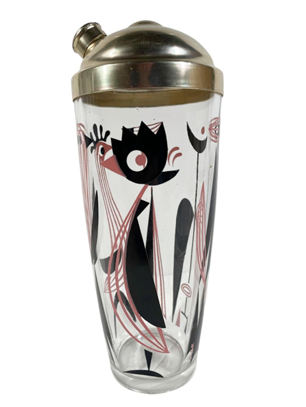 Mid-Century glass cocktail shaker with a domed gold-toned lid decorated in pink and black enamels with stylized birds in the Atomic style. Signed Dyball.