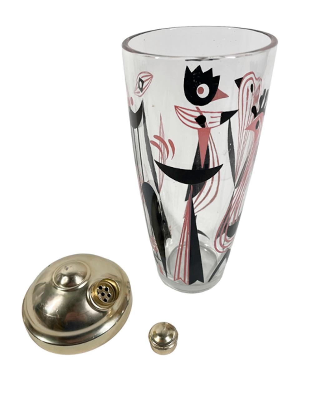 20th Century Vintage Atomic Period Dyball Cocktail Shaker w/Black and Pink Stylized Birds For Sale