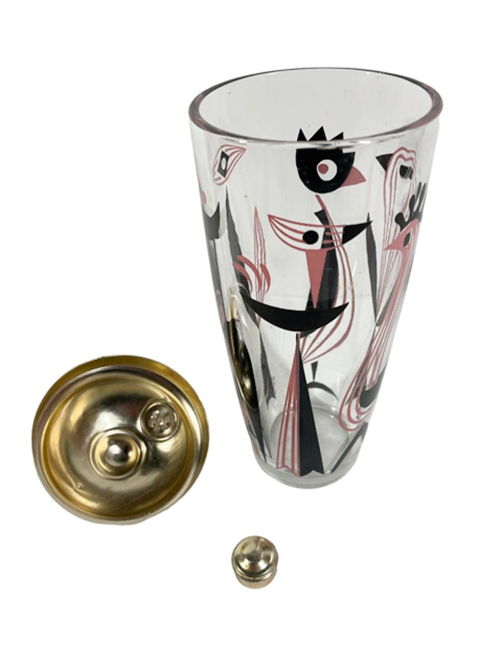 Metal Vintage Atomic Period Dyball Cocktail Shaker w/Black and Pink Stylized Birds For Sale