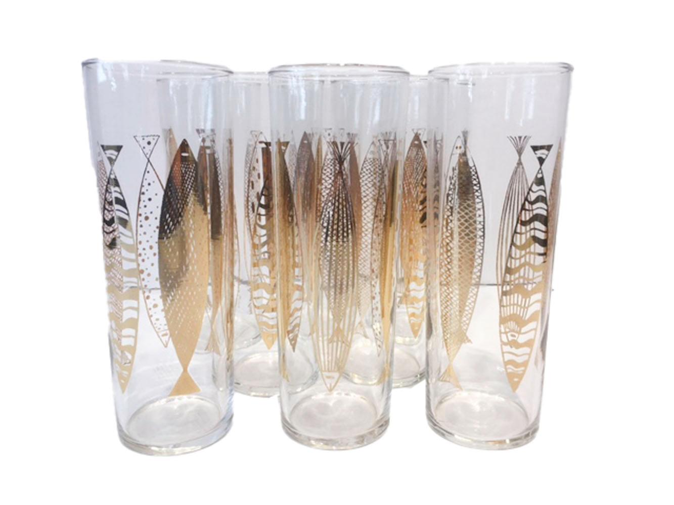Set of 8 signed Fred Press design Tom Collins glasses. Clear vintage cocktail glasses decorated with 22-karat gold fish in various abstract patterns.