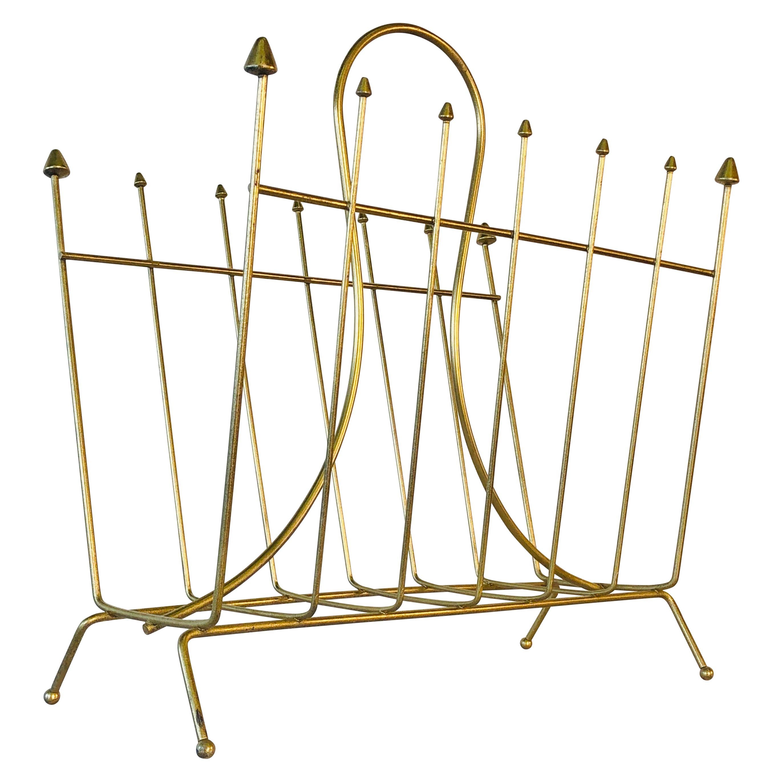 Vintage Atomic Style Gold Metal Magazine Rack For Sale