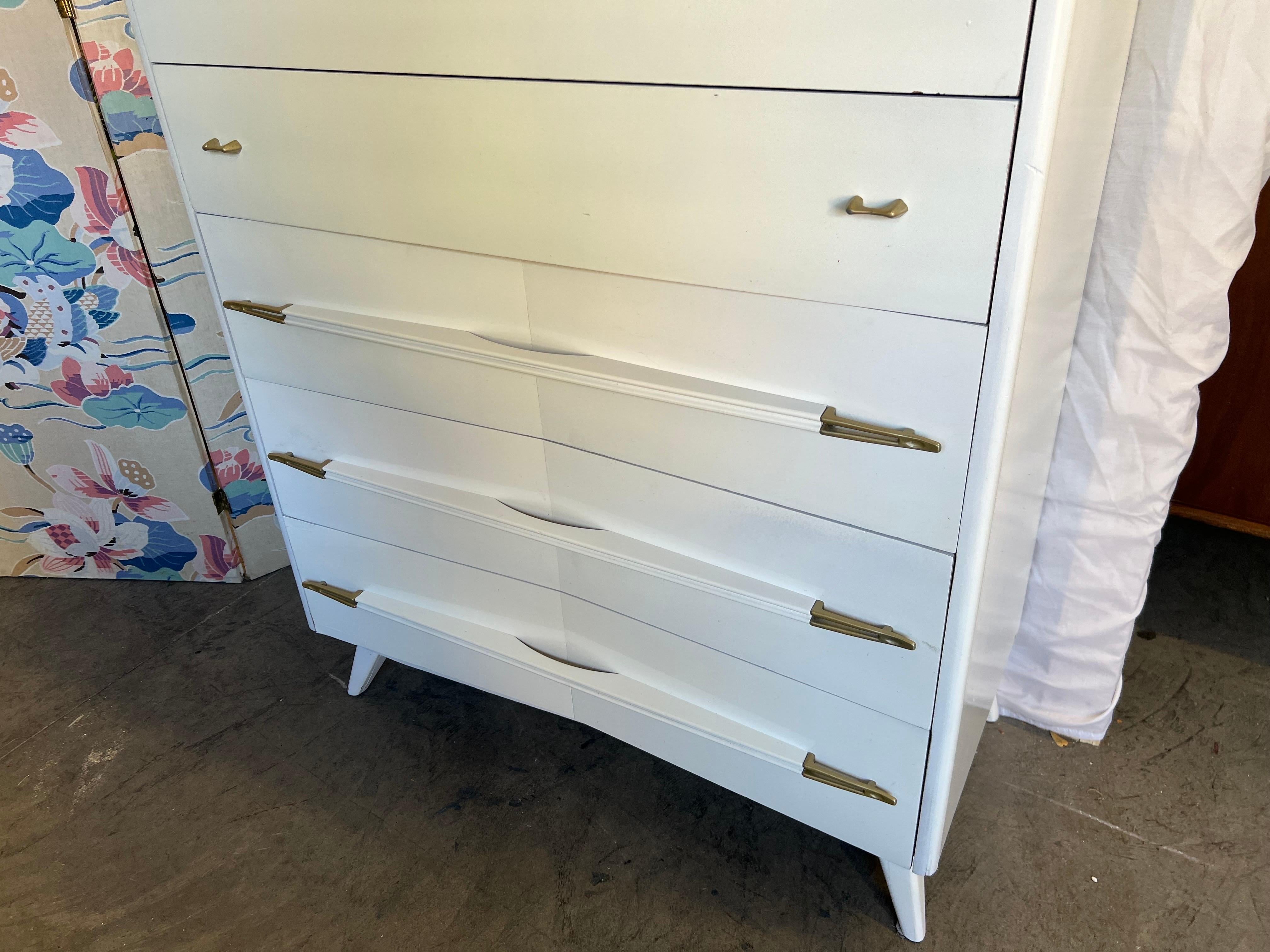 Vintage Atomic White Lacquered With Brass Highboy 5