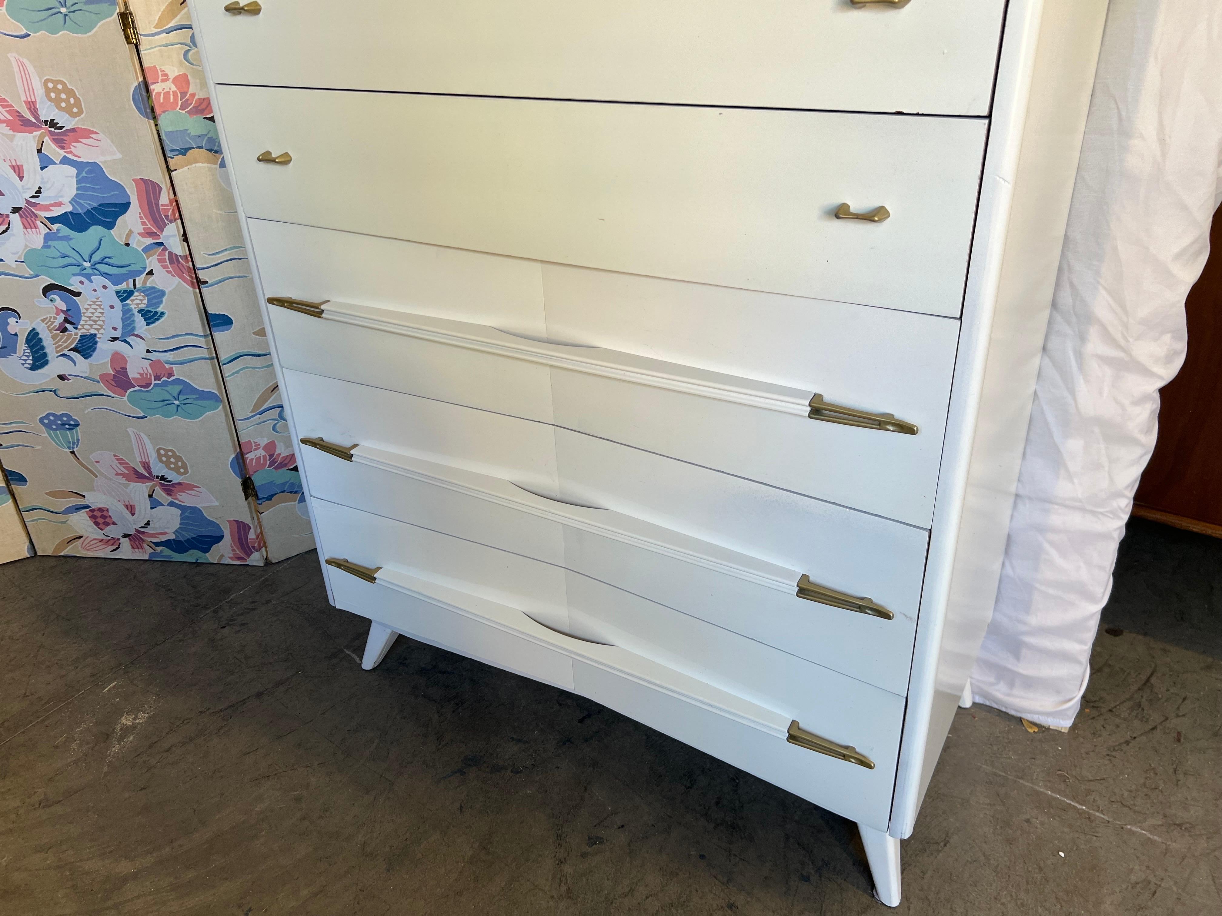Vintage Atomic White Lacquered With Brass Highboy 6