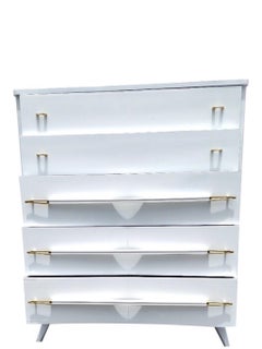 Vintage Atomic White Lacquered With Brass Highboy