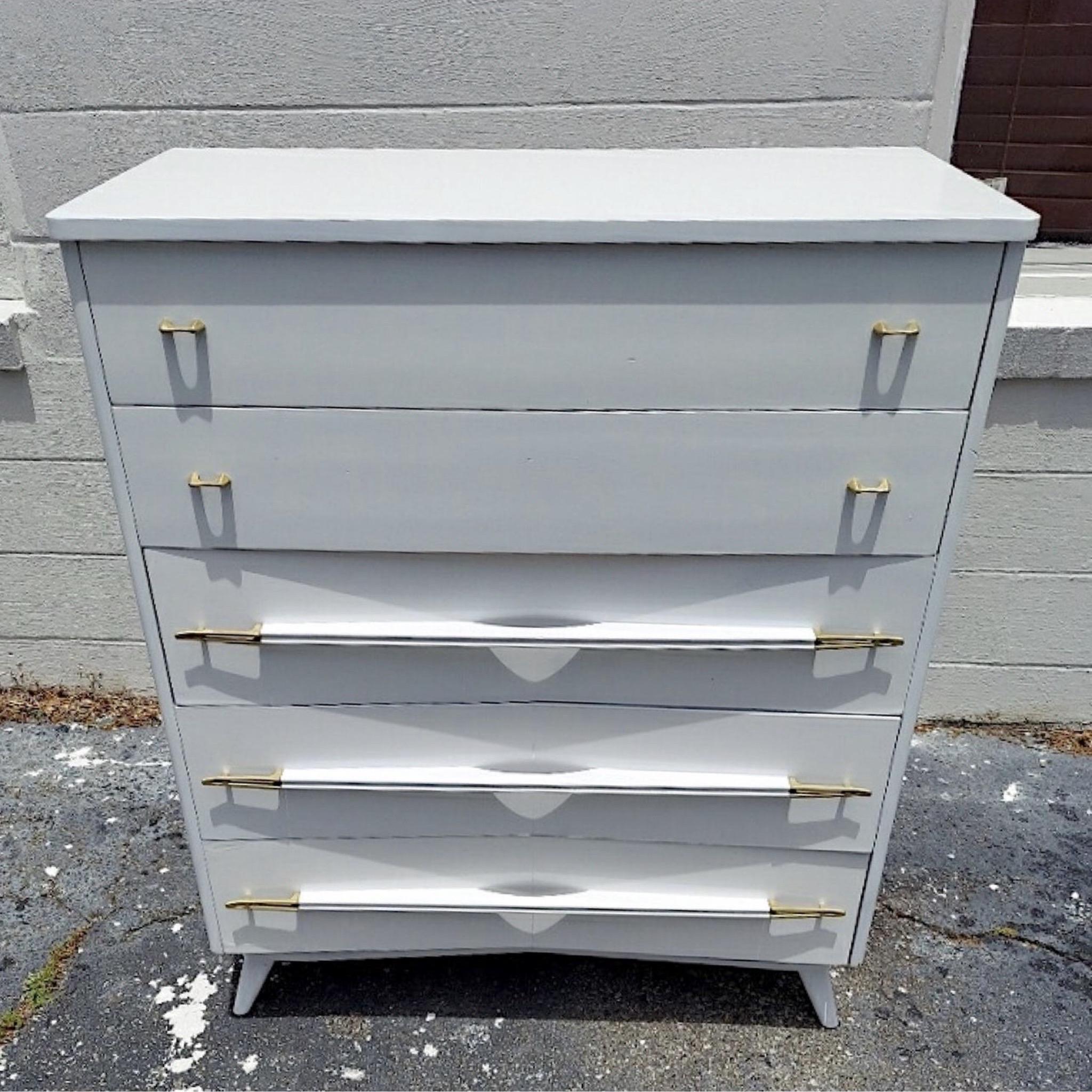 Mid-Century Modern Vintage Atomic White Lacquered With Brass Highboy