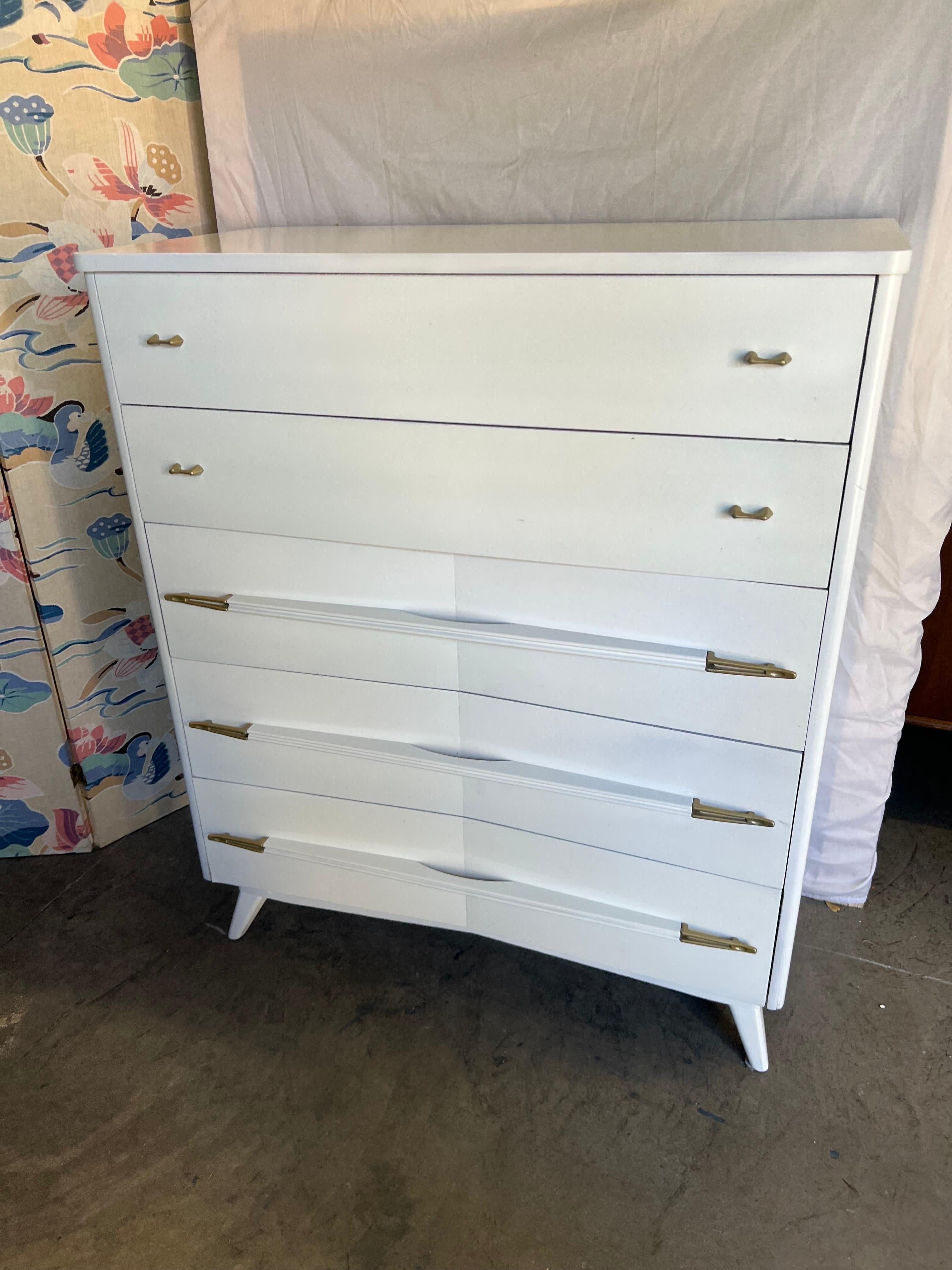 Mid-Century Modern Vintage Atomic White Lacquered With Brass Highboy
