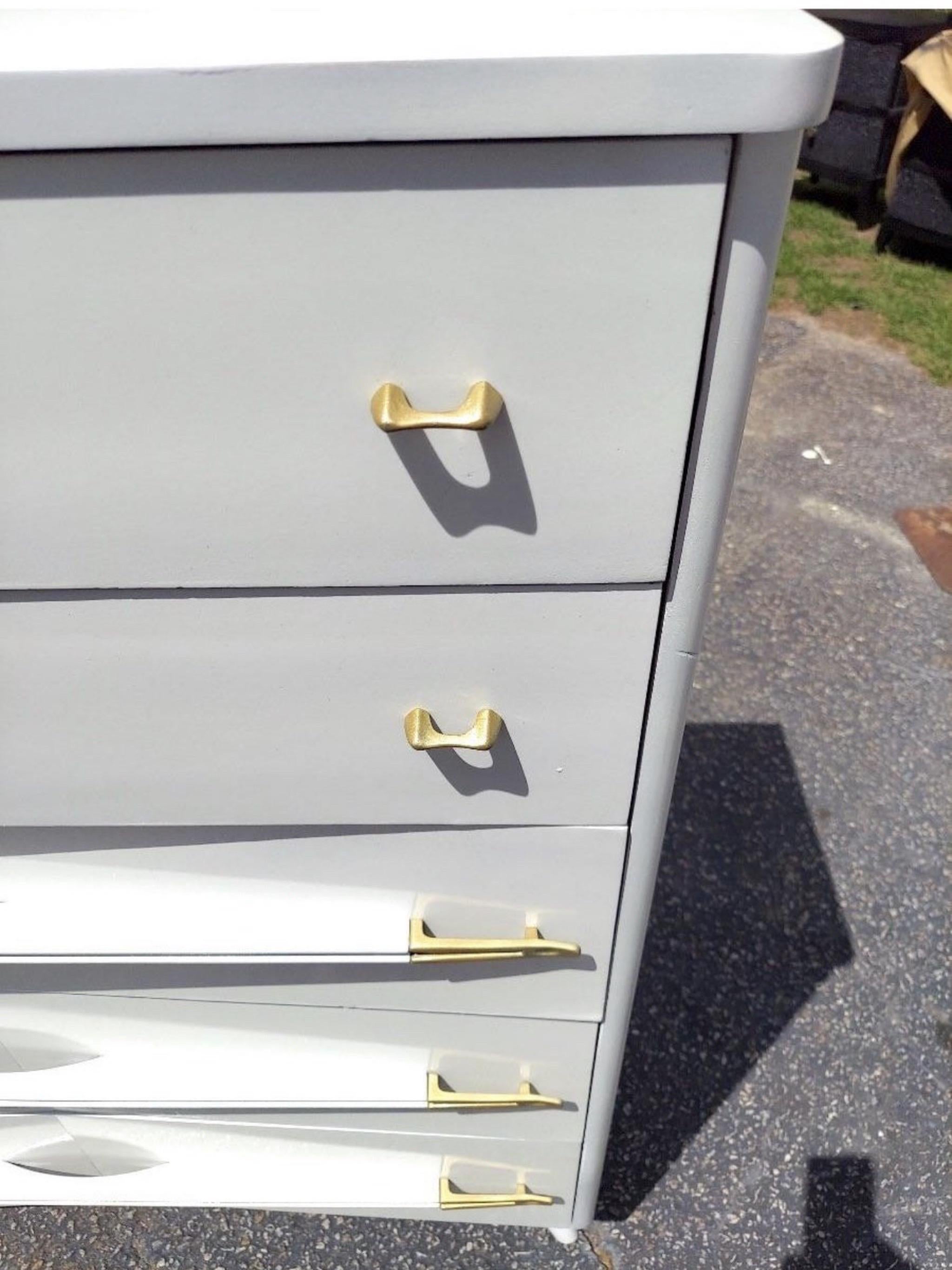 Mid-20th Century Vintage Atomic White Lacquered With Brass Highboy